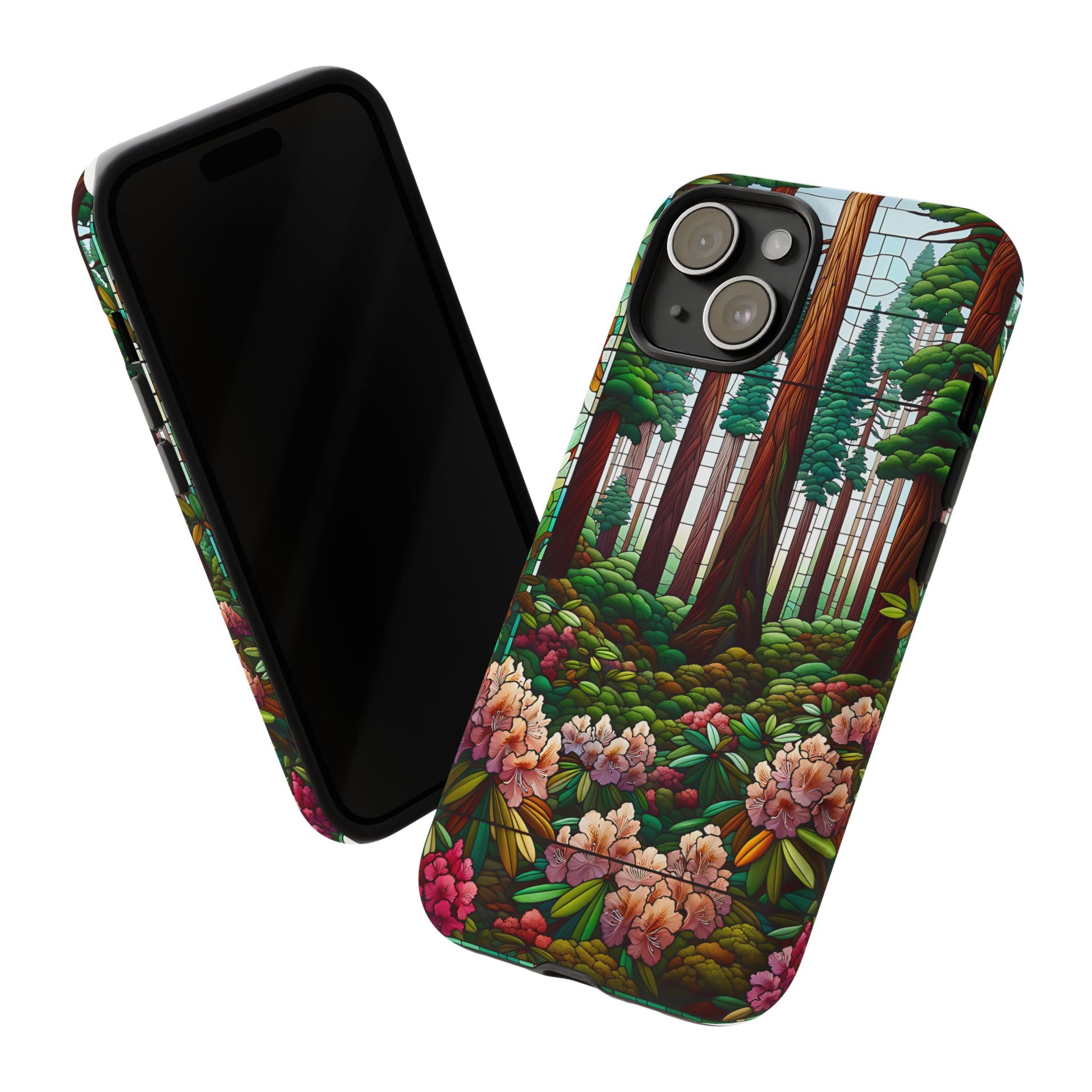 Nature Inspired Tough Cases - Redwood Trees & Rhododendrons Stained Glass iPhone Cover, Protective Phone Shell, Unique Samsung Galaxy Case,