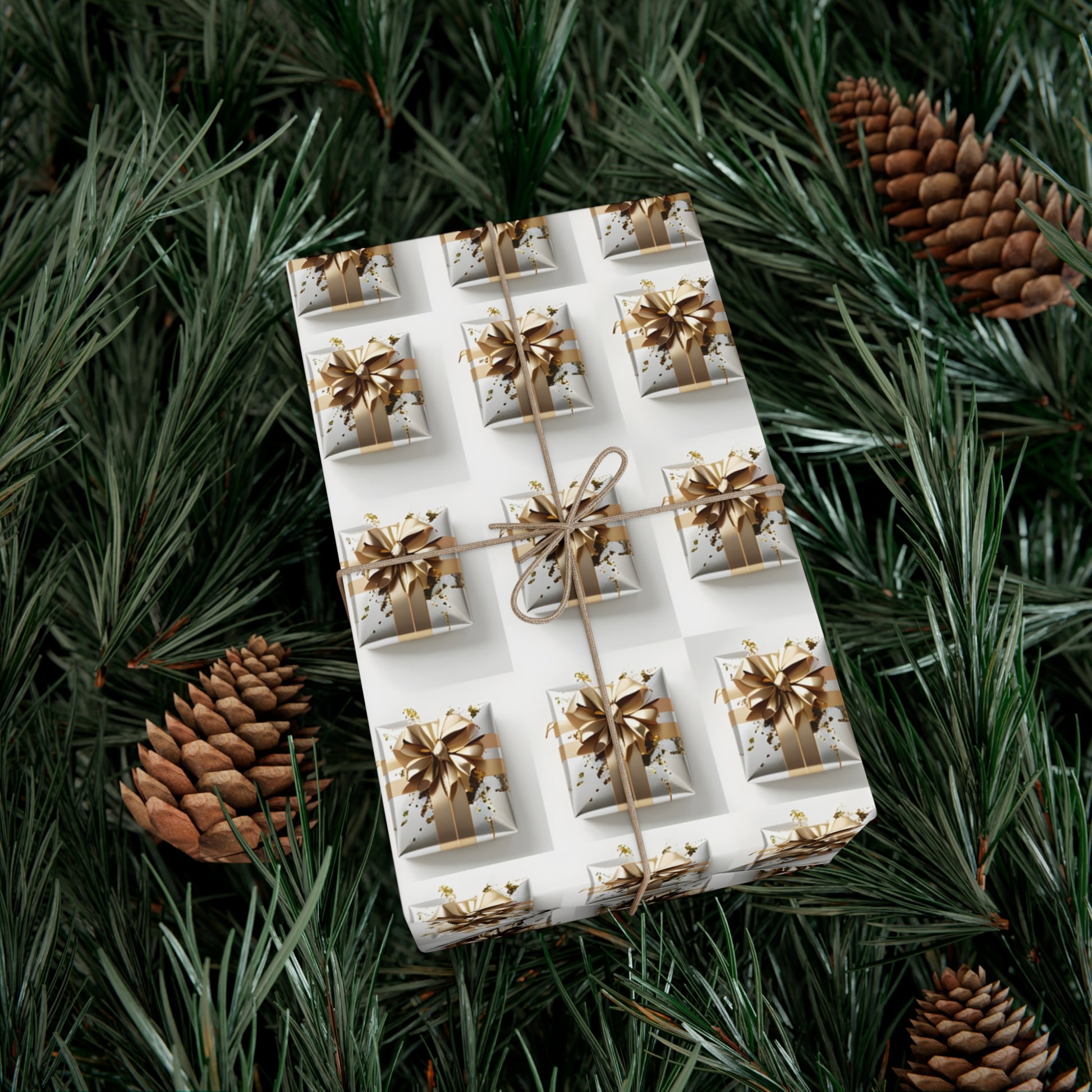 Wrapping Paper, Elegantly Wrapped Gifts On White Background with Gold Bows, Christmas Wrapping, Gift Packaging, Festive Decor, Holiday Gift