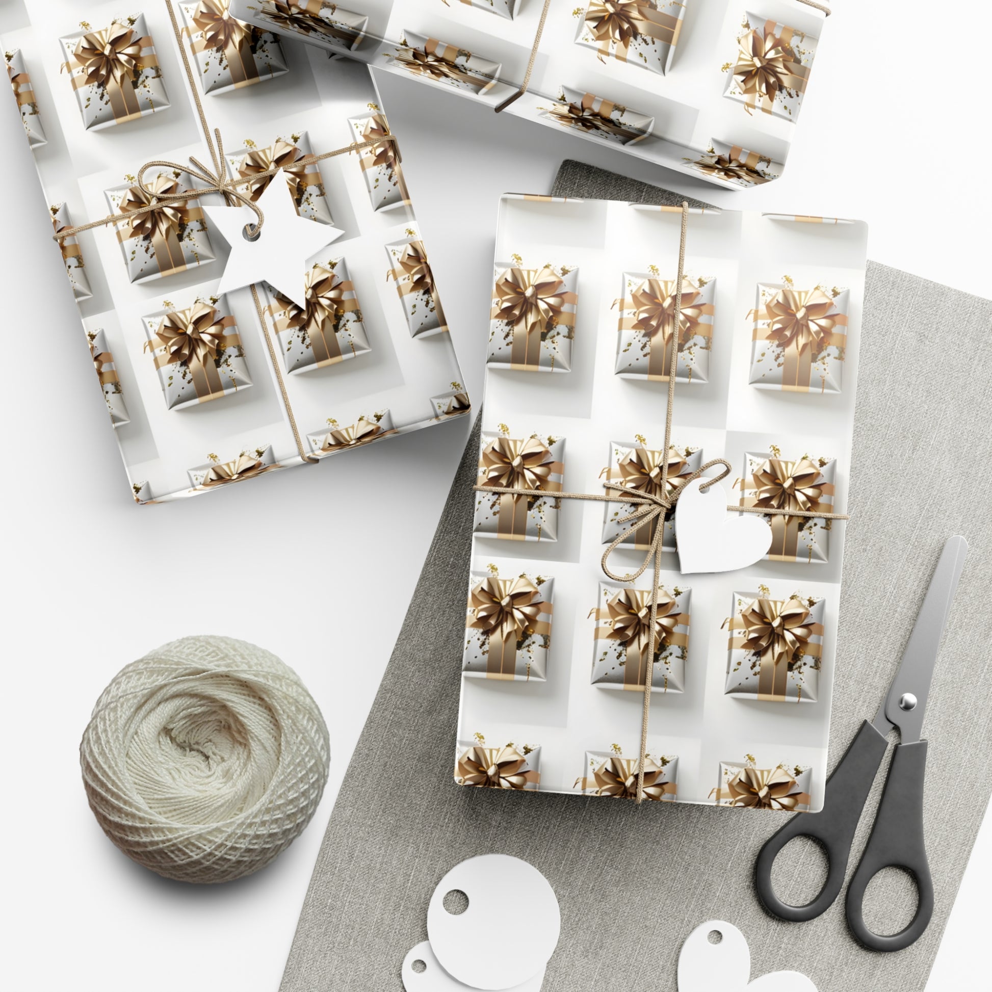 Wrapping Paper, Elegantly Wrapped Gifts On White Background with Gold Bows, Christmas Wrapping, Gift Packaging, Festive Decor, Holiday Gift