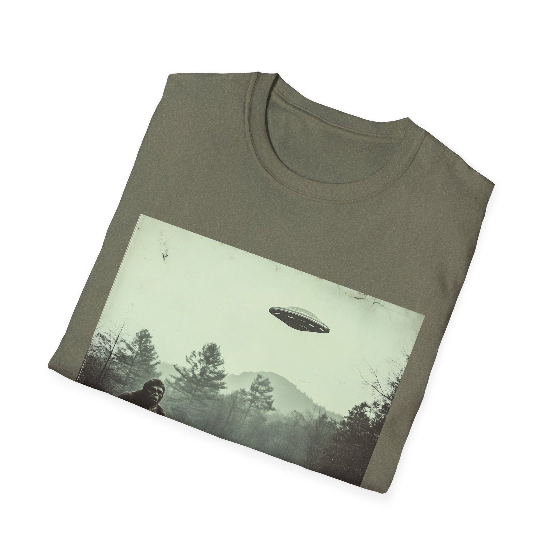 Bigfoot & UFO Unisex T-Shirt, Sasquatch Alien Tee, Cryptid Spaceship Shirt, Extraterrestrial Fantasy Clothing, Funny Yeti Top