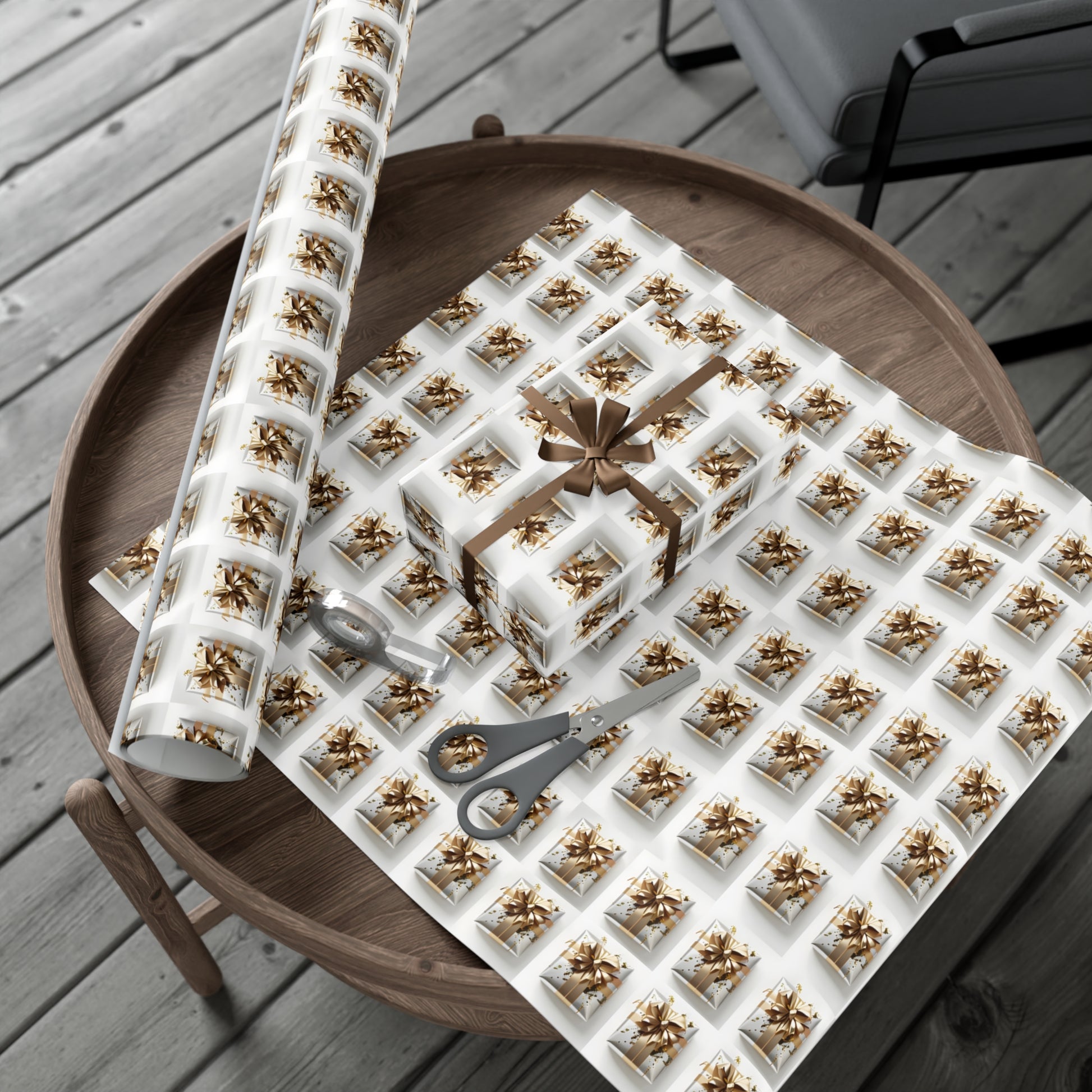 Wrapping Paper, Elegantly Wrapped Gifts On White Background with Gold Bows, Christmas Wrapping, Gift Packaging, Festive Decor, Holiday Gift