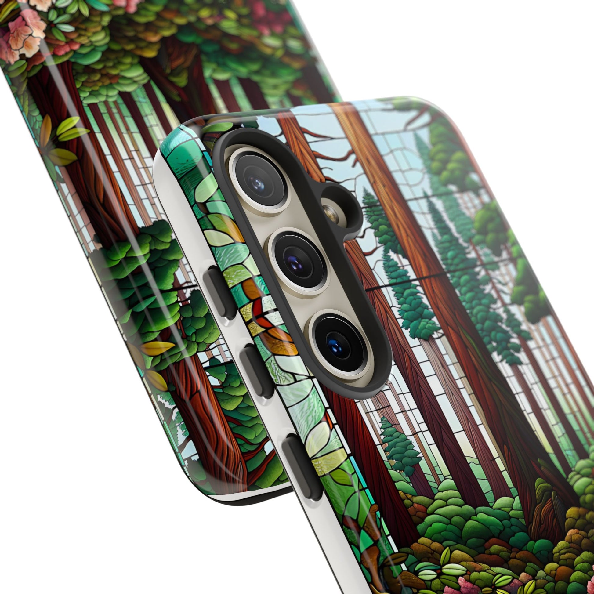 Nature Inspired Tough Cases - Redwood Trees & Rhododendrons Stained Glass iPhone Cover, Protective Phone Shell, Unique Samsung Galaxy Case,