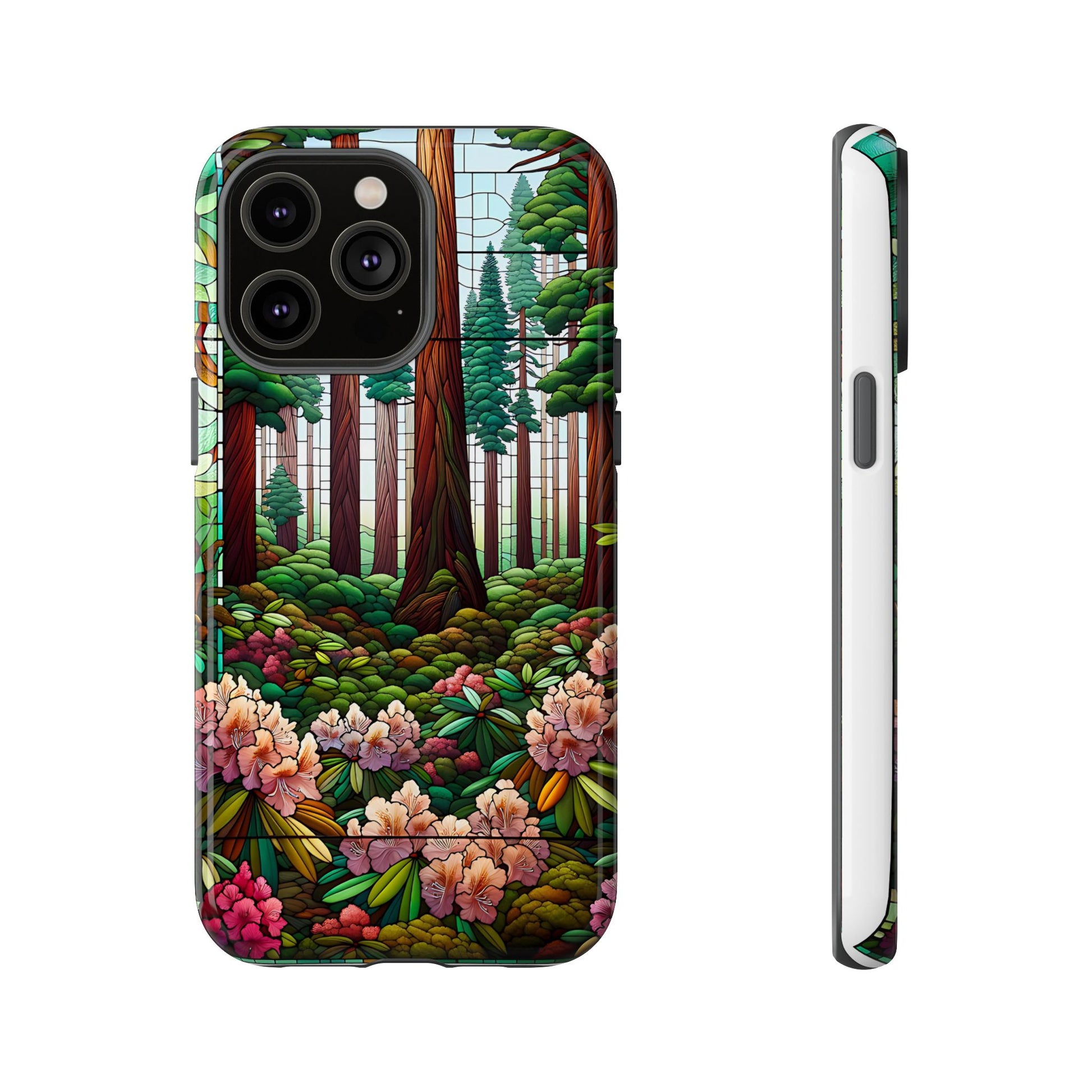 Nature Inspired Tough Cases - Redwood Trees & Rhododendrons Stained Glass iPhone Cover, Protective Phone Shell, Unique Samsung Galaxy Case,