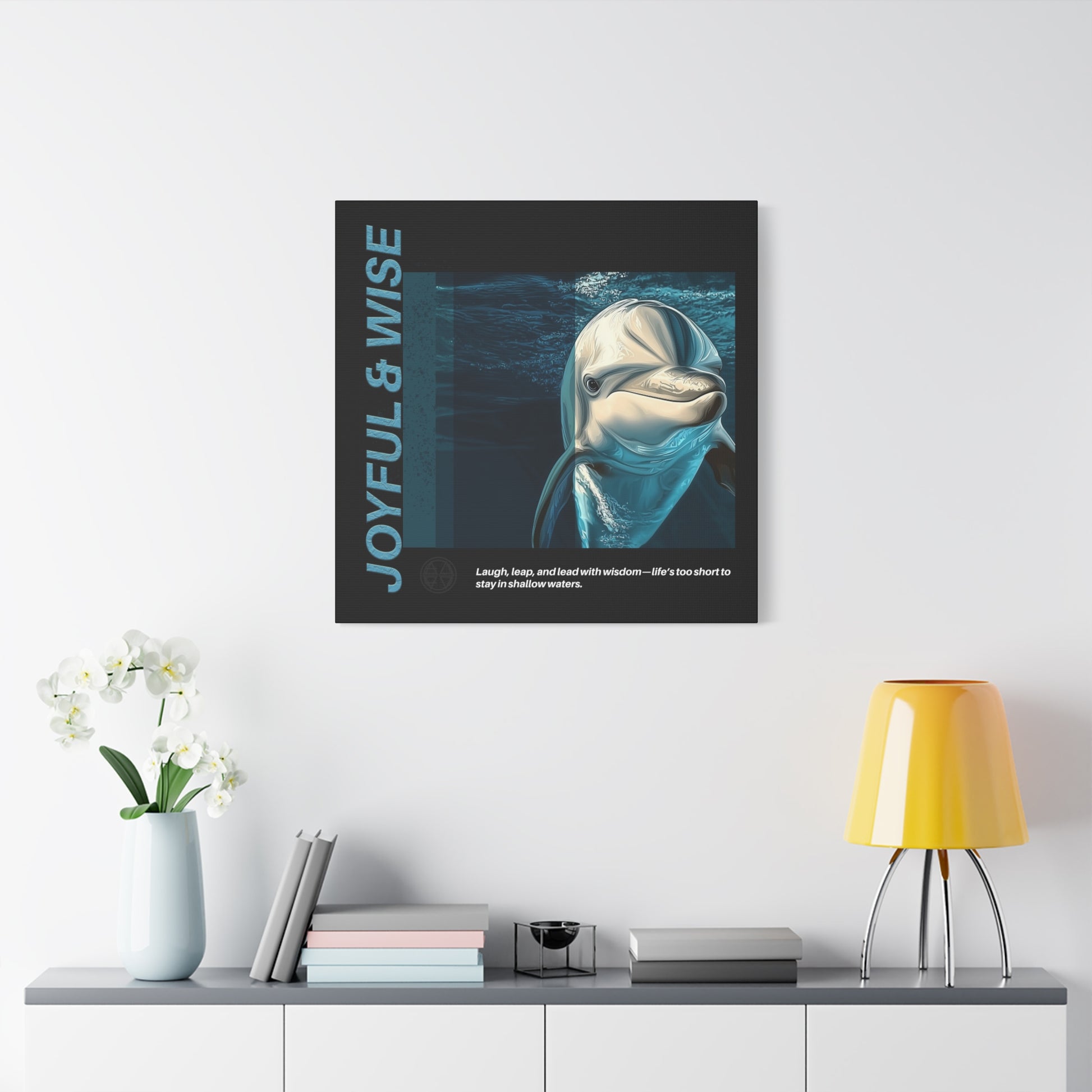Inspirational Dolphin Canvas Art, Joyful & Wise Wall Decor, Motivational Home Decor, Ocean-Themed Gift, Abstract Animal Artwork, Nautical