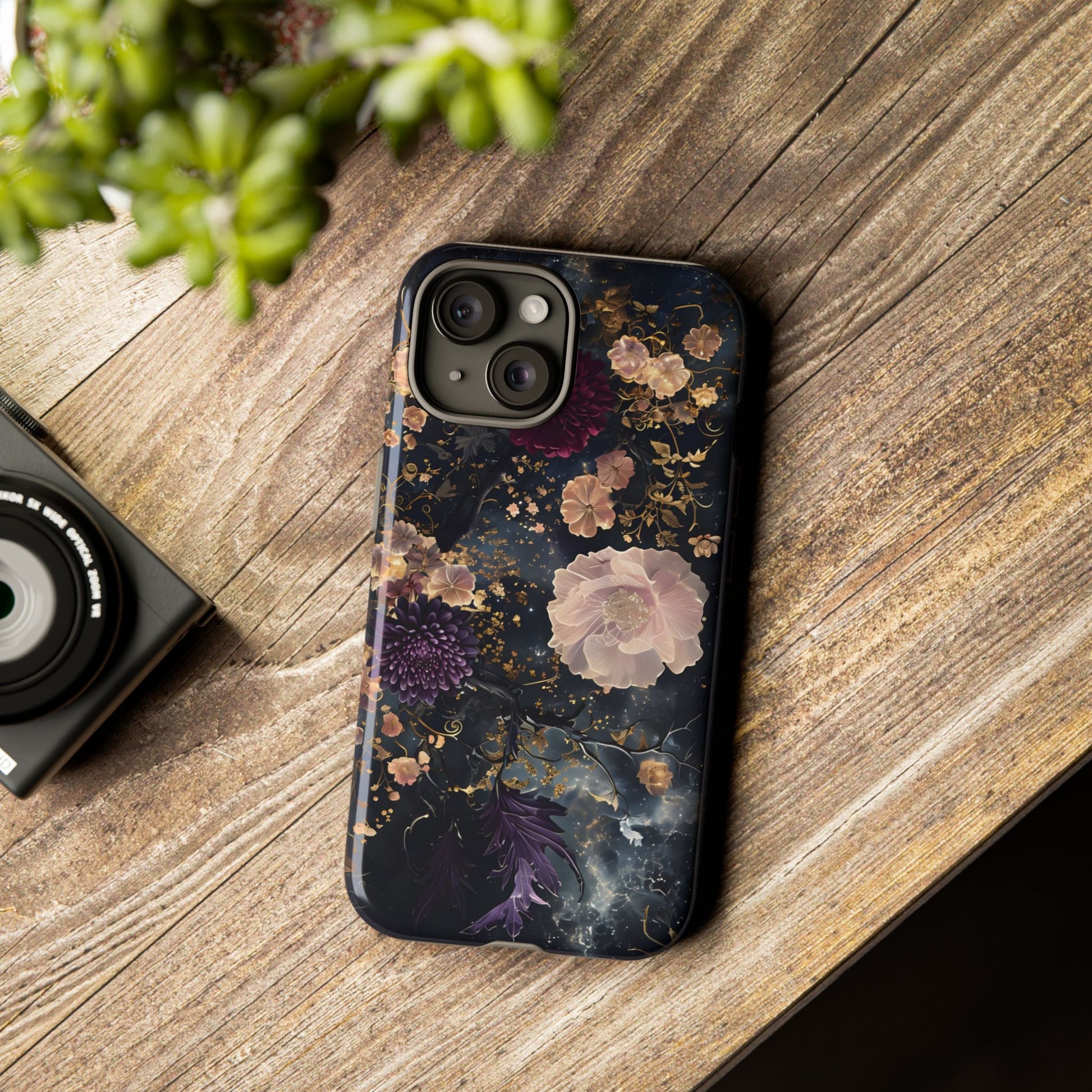 Phone Case, Whimsical Floral Pattern Against Cosmic Nebulous Background. Galaxy, Space, Tough Protective Cover, Unique Gift, Trendy