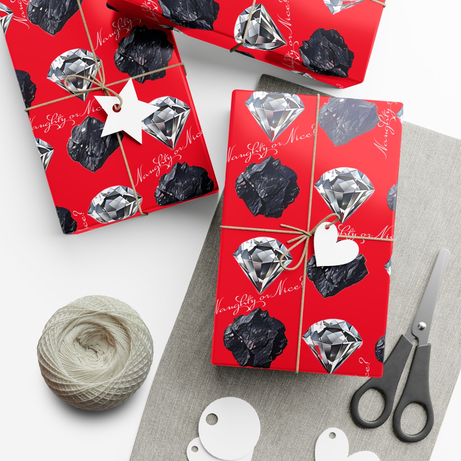 Wrapping Paper, Naughty or Nice Diamonds and Coal on Red Background - Gift Wrap Rolls, Eco-Friendly, Holiday, Christmas Gifts