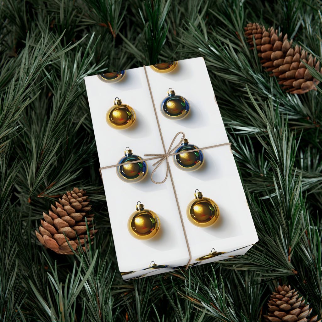 Wrapping Paper, Gold Christmas Ornaments On White Background - Gift Wrap Rolls, Eco-Friendly Gift Wrap, Holiday