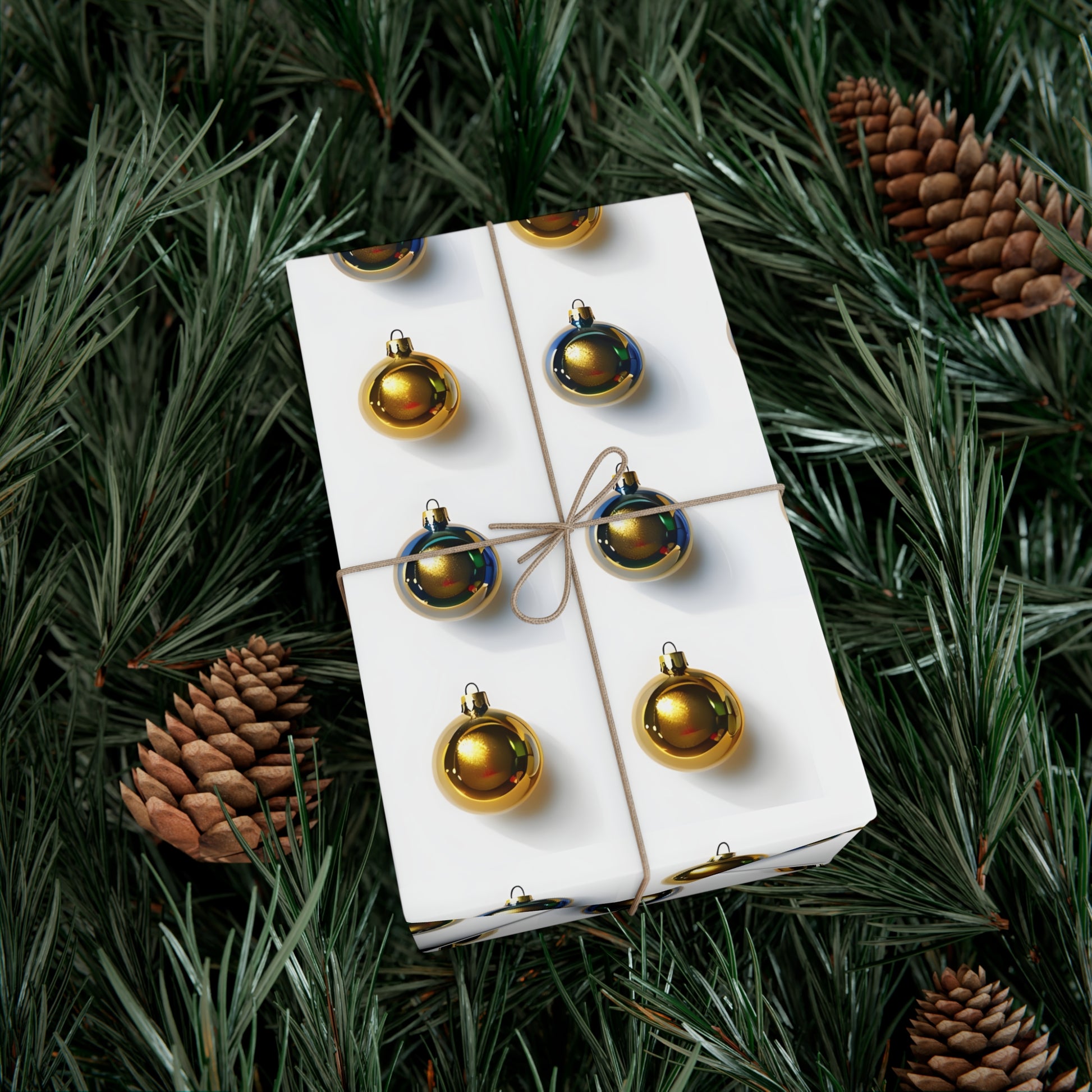 Wrapping Paper, Gold Christmas Ornaments On White Background - Gift Wrap Rolls, Eco-Friendly Gift Wrap, Holiday