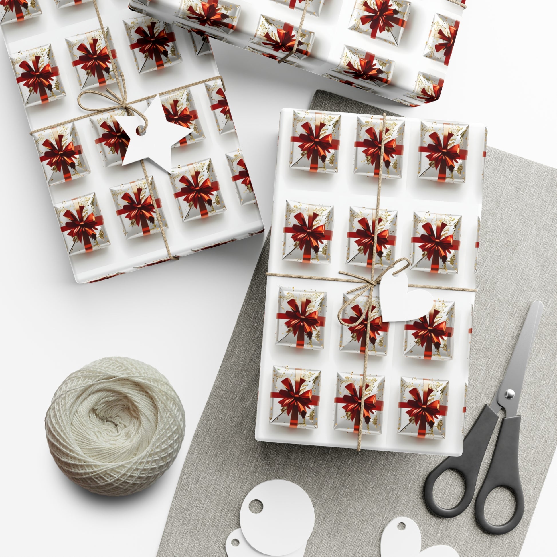 Wrapping Paper, Elegantly Wrapped Gifts On White Background with Red Bows - Gift Wrap Rolls, Eco-Friendly Gift Wrap, Holiday Season Wrapping