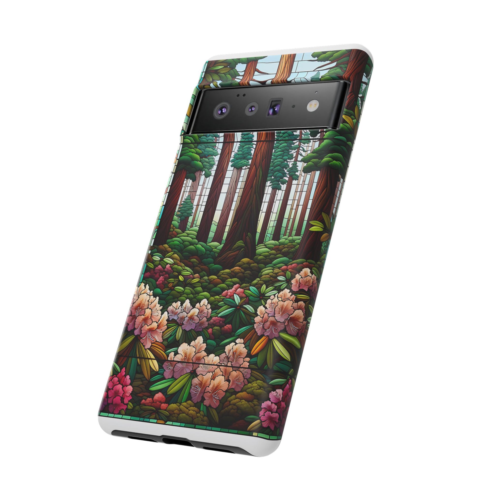 Nature Inspired Tough Cases - Redwood Trees & Rhododendrons Stained Glass iPhone Cover, Protective Phone Shell, Unique Samsung Galaxy Case,
