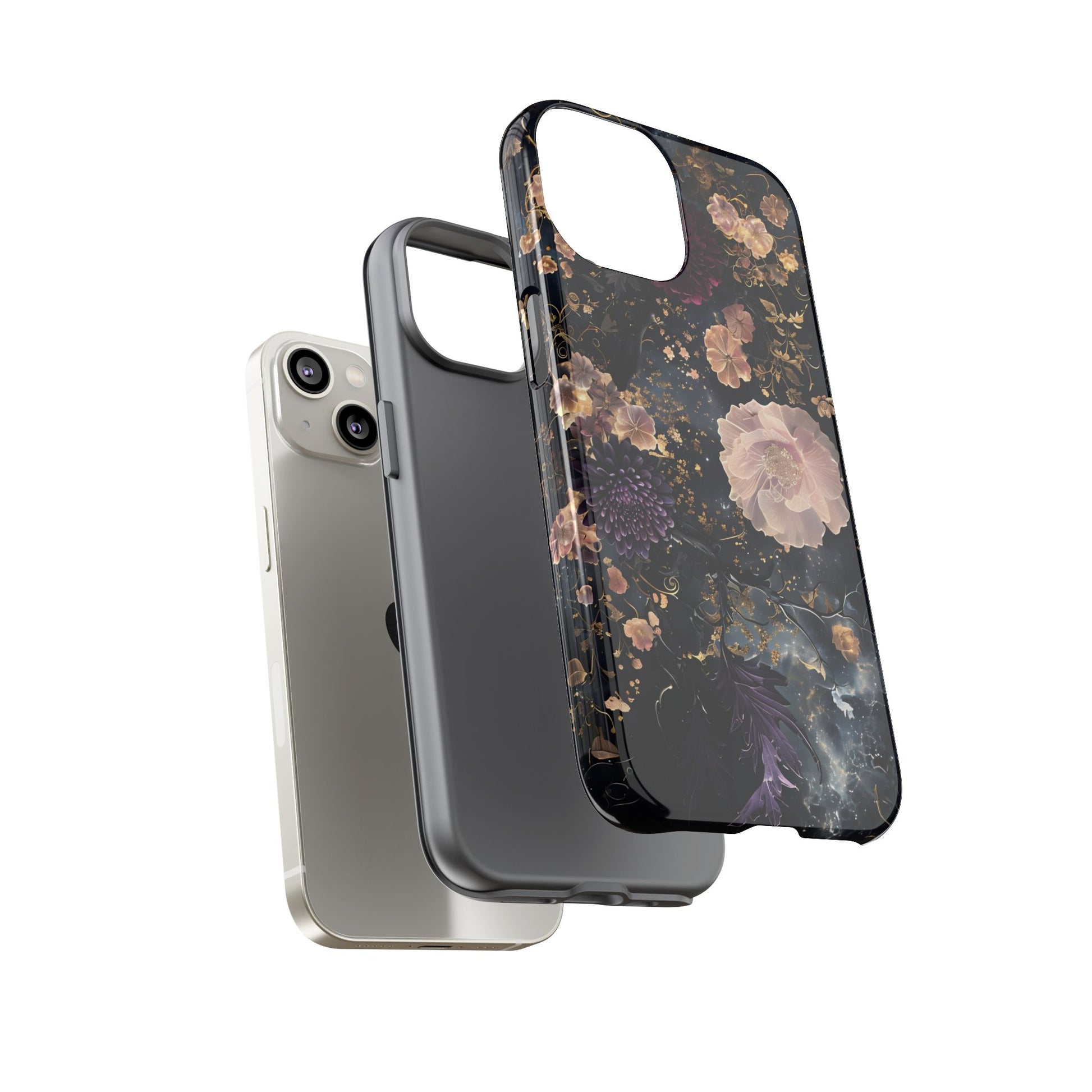 Phone Case, Whimsical Floral Pattern Against Cosmic Nebulous Background. Galaxy, Space, Tough Protective Cover, Unique Gift, Trendy
