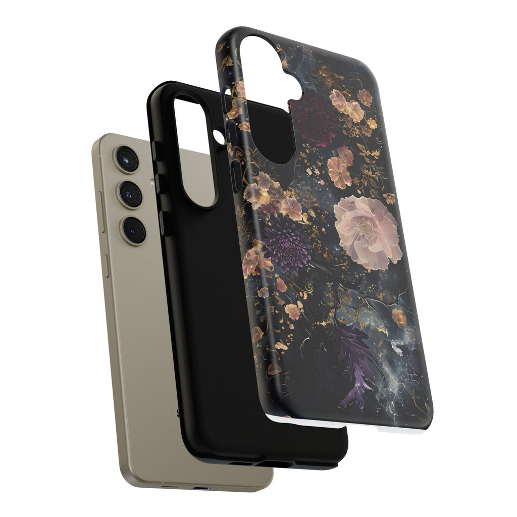 Phone Case, Whimsical Floral Pattern Against Cosmic Nebulous Background. Galaxy, Space, Tough Protective Cover, Unique Gift, Trendy