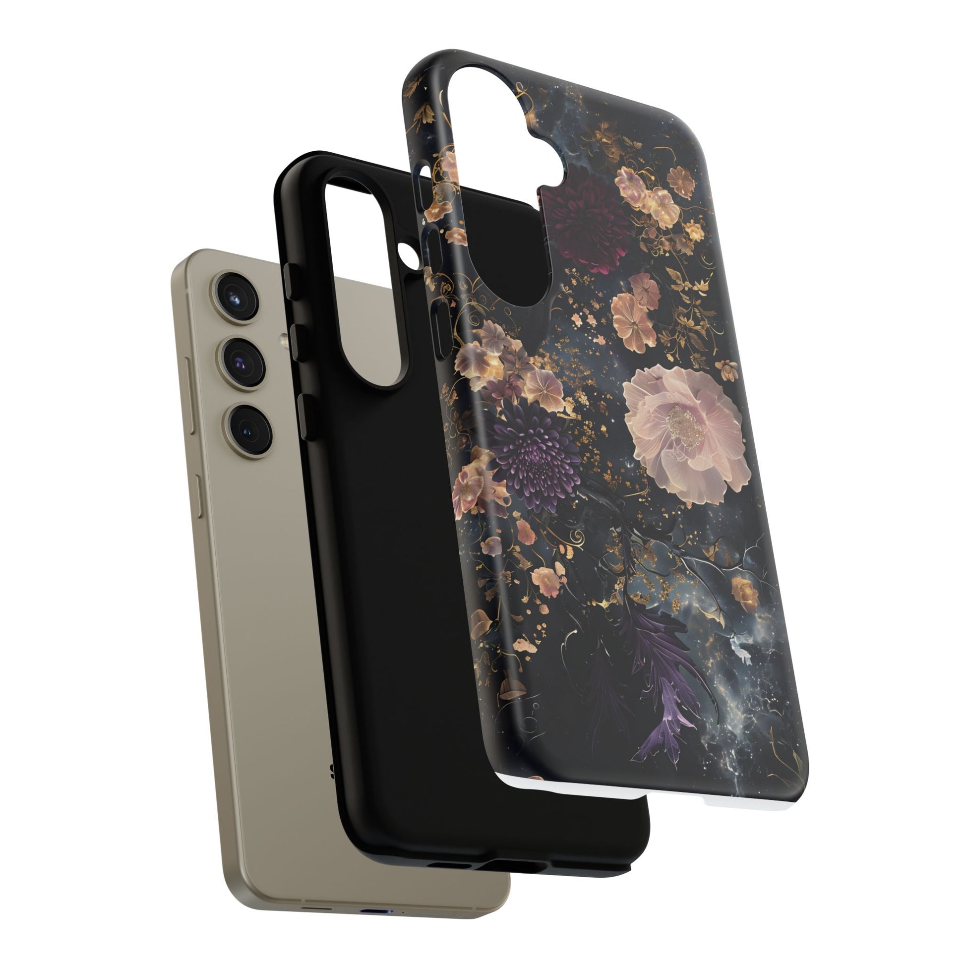 Phone Case, Whimsical Floral Pattern Against Cosmic Nebulous Background. Galaxy, Space, Tough Protective Cover, Unique Gift, Trendy