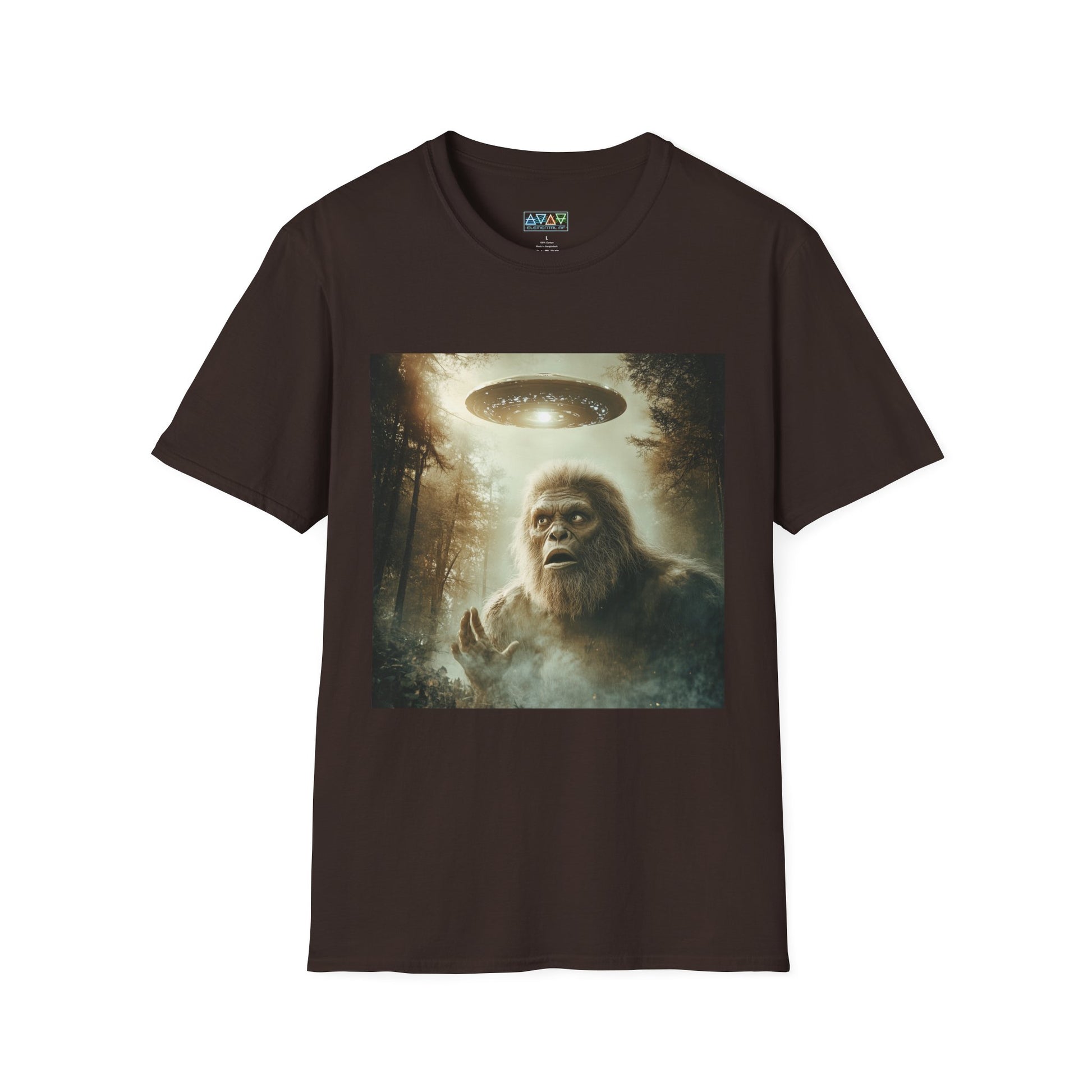 Bigfoot UFO Unisex Softstyle T-Shirt, Funny Graphic Tee, Sasquatch Clothing, Alien Lover Gift, Outdoor Adventure Tee, Casual Wear