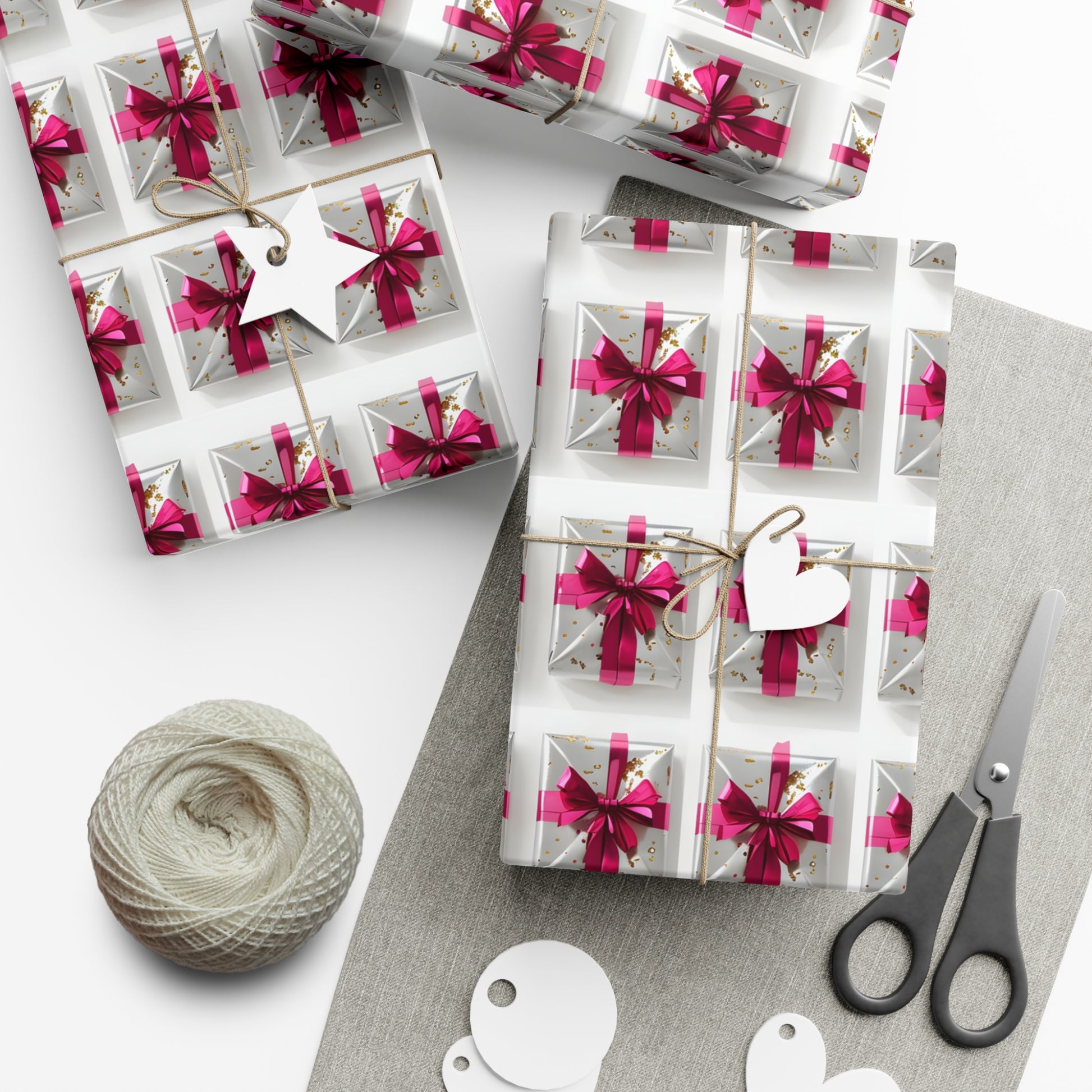 Wrapping Paper, Elegantly Wrapped Gifts On White Background with Hot Pink Bows - Gift Wrap Rolls, Eco-Friendly Gift Wrap, Holiday