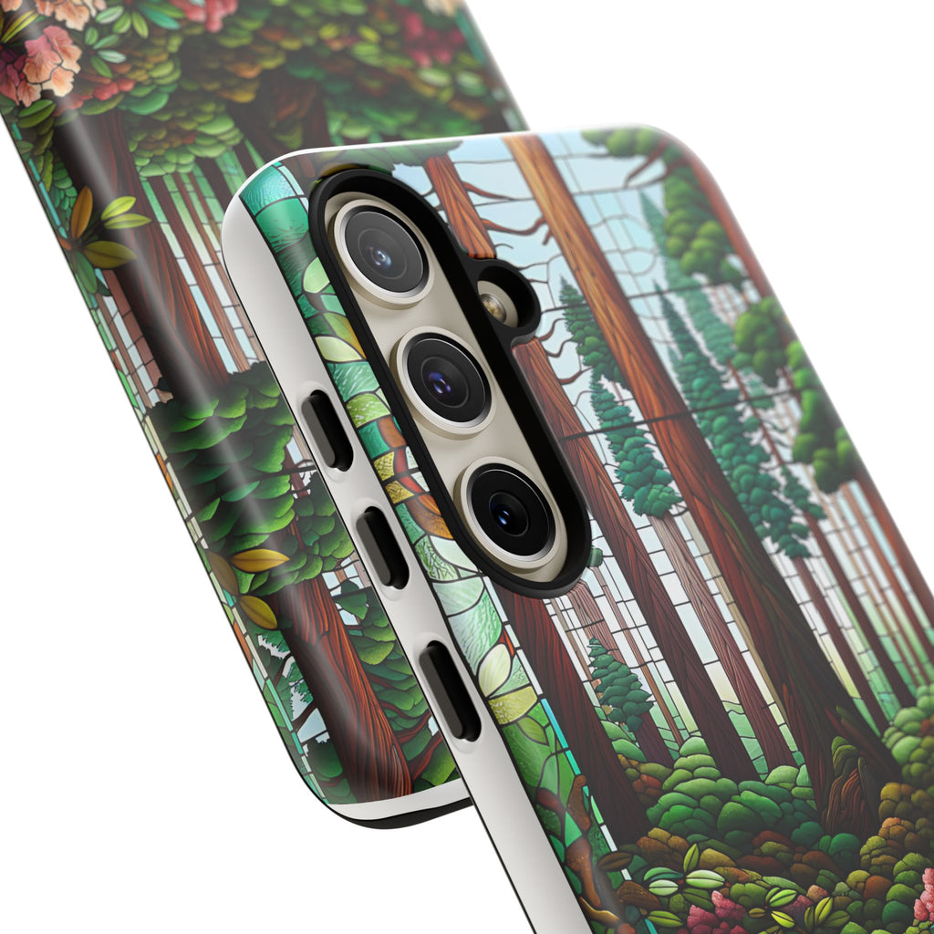 Nature Inspired Tough Cases - Redwood Trees & Rhododendrons Stained Glass iPhone Cover, Protective Phone Shell, Unique Samsung Galaxy Case,