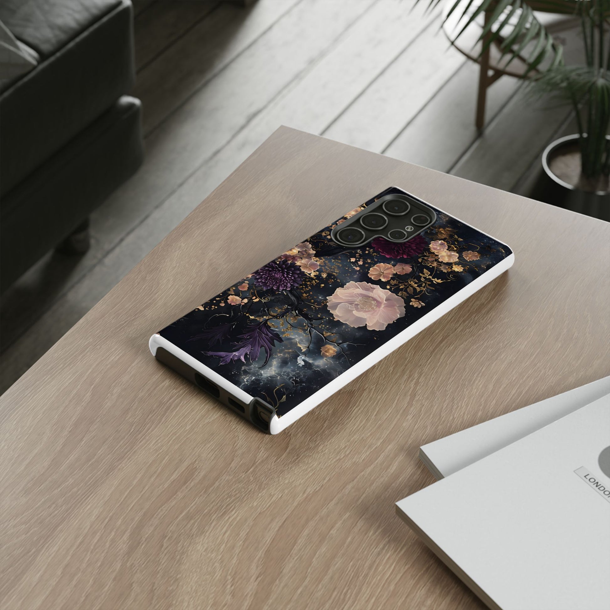 Phone Case, Whimsical Floral Pattern Against Cosmic Nebulous Background. Galaxy, Space, Tough Protective Cover, Unique Gift, Trendy