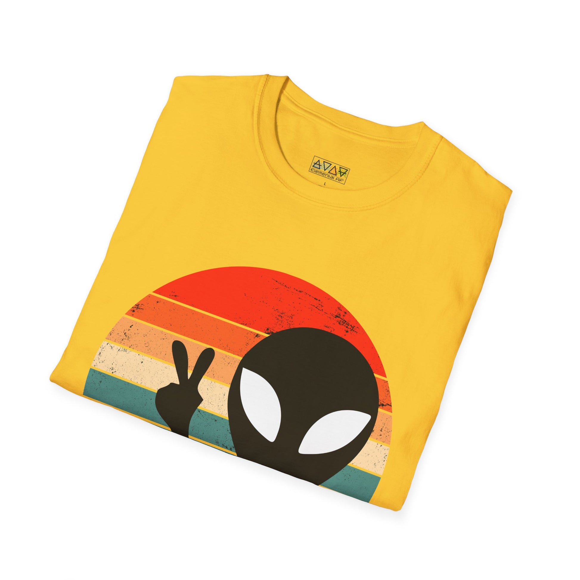 Retro Alien Vibes Unisex Softstyle T-Shirt, Cute Graphic Tee for Casual Wear, Fun Gift for Sci-Fi Lovers, Summer Party Shirt, Peace Sign Tee