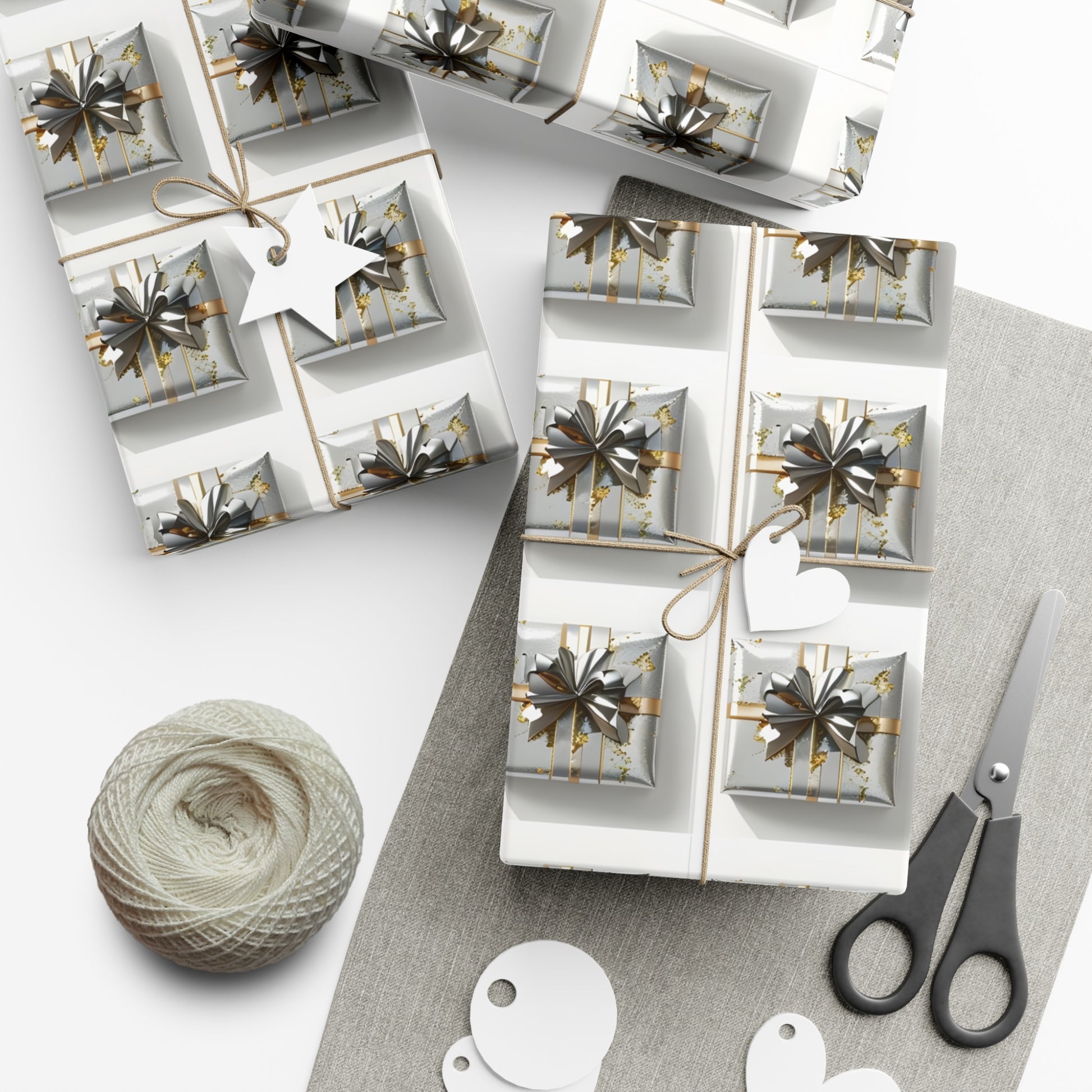 Wrapping Paper, Elegantly Wrapped Gifts On White Background with Silver & Gold Bows - Gift Wrap Rolls, Eco-Friendly Gift Wrap, Holiday
