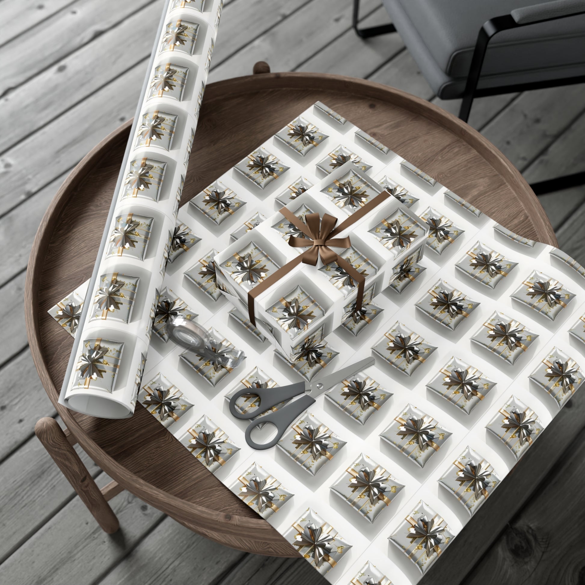 Wrapping Paper, Elegantly Wrapped Gifts On White Background with Silver & Gold Bows - Gift Wrap Rolls, Eco-Friendly Gift Wrap, Holiday