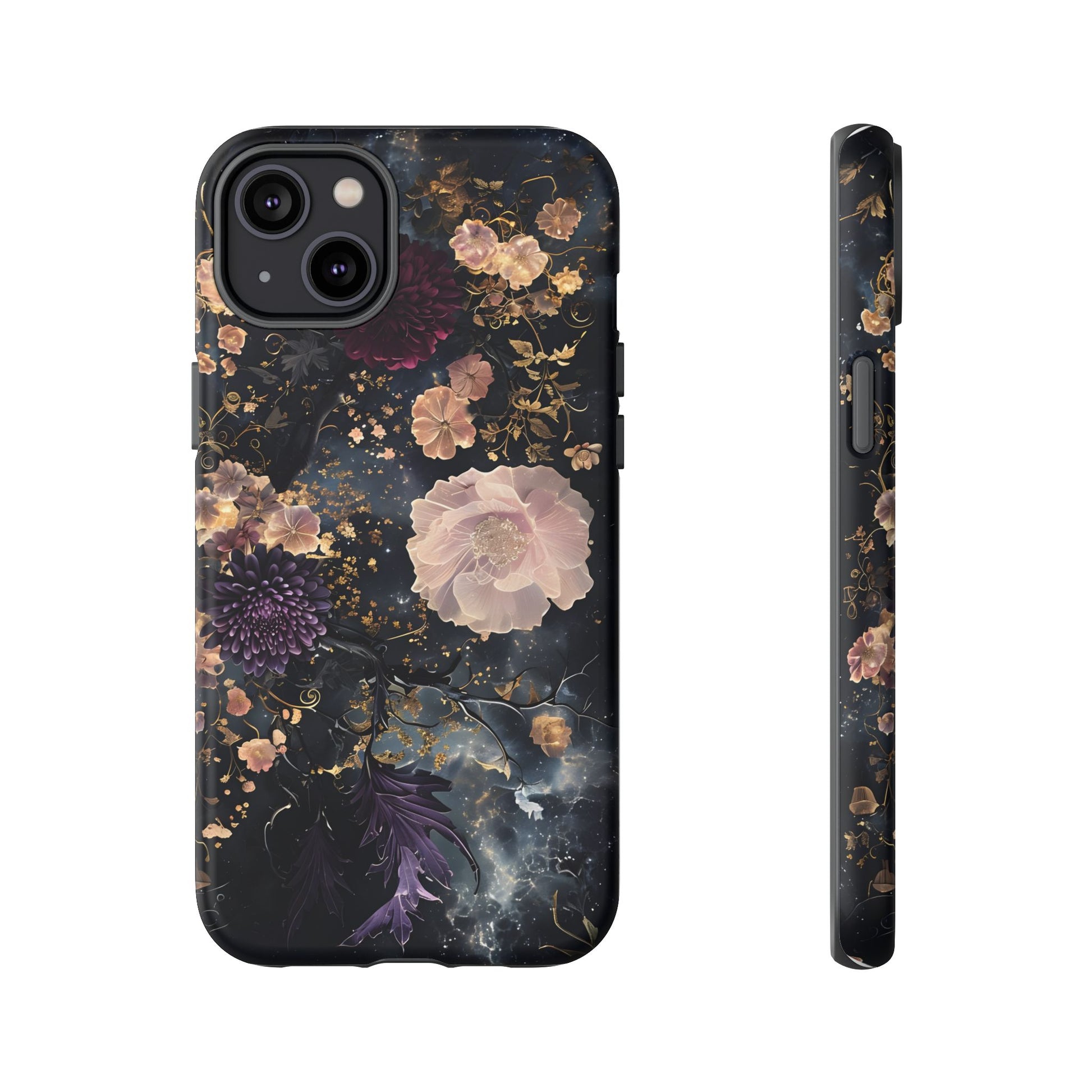 Phone Case, Whimsical Floral Pattern Against Cosmic Nebulous Background. Galaxy, Space, Tough Protective Cover, Unique Gift, Trendy