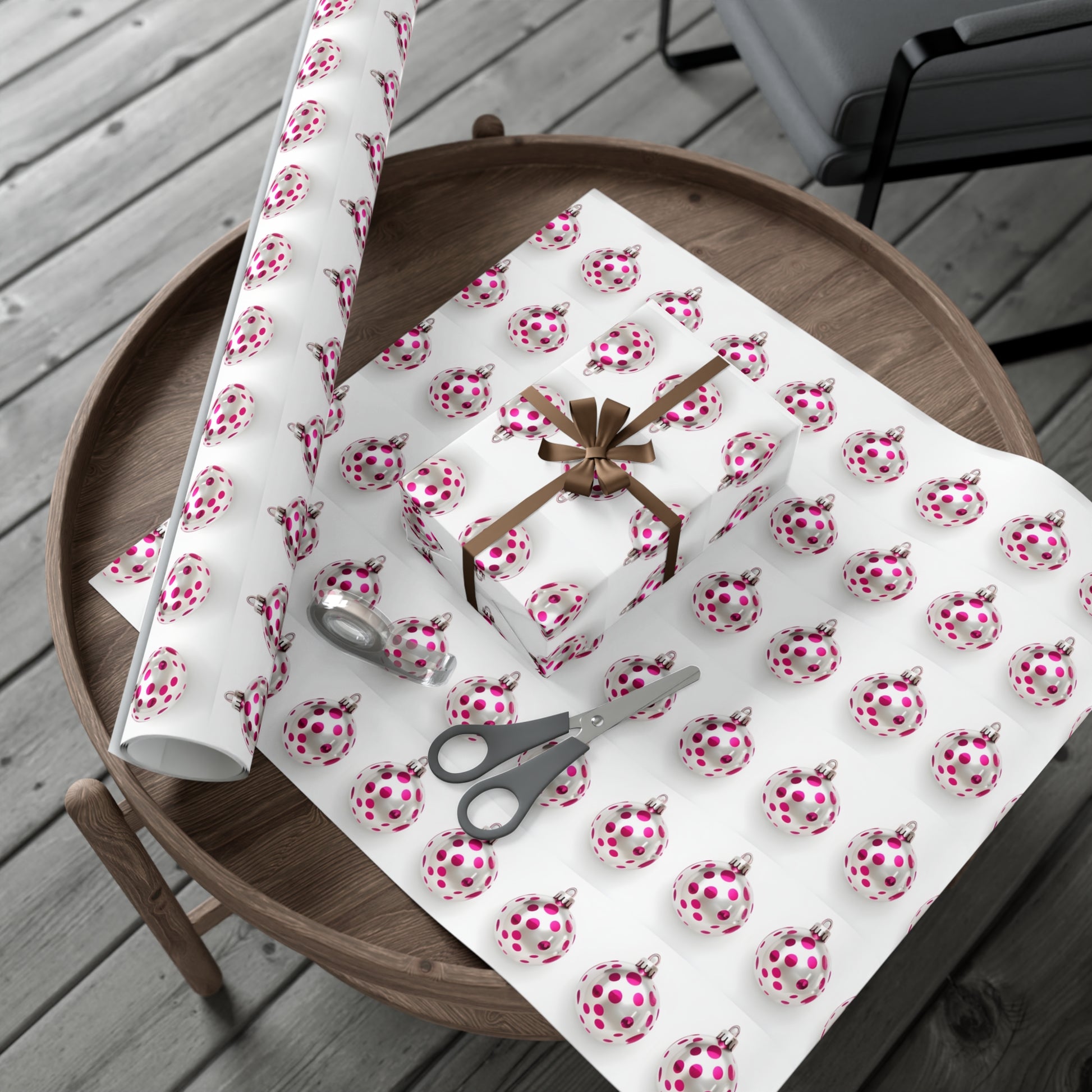 Wrapping Paper, Hot Pink Polka Dot Christmas Ornaments On White Background - Gift Wrap Rolls, Eco-Friendly Gift Wrap, Holiday