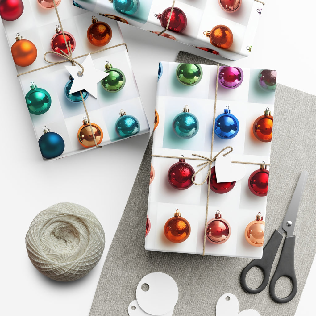 Wrapping Paper, Vibrant Christmas Ornaments On White Background - Gift Wrap Rolls, Eco-Friendly Gift Wrap, Holiday
