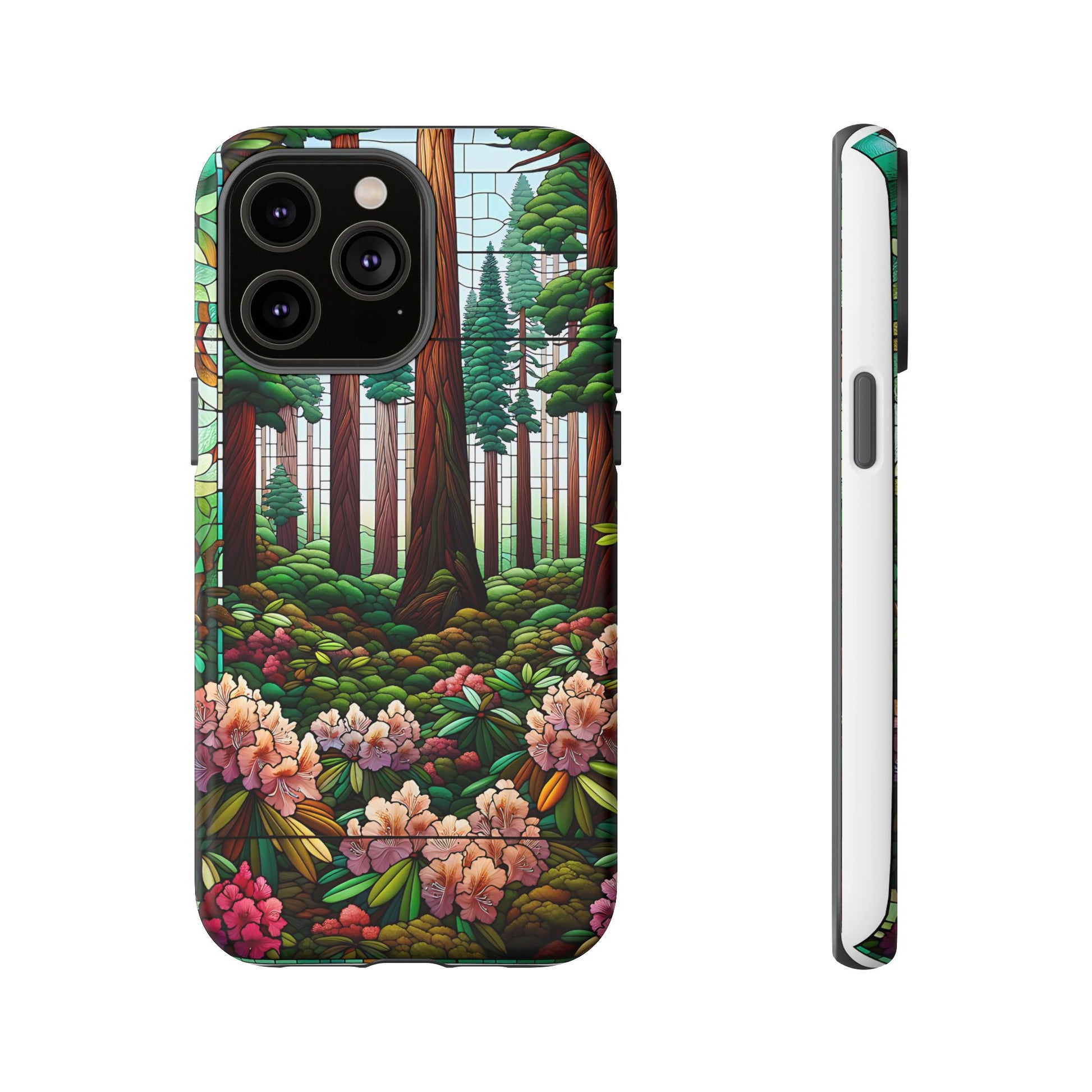 Nature Inspired Tough Cases - Redwood Trees & Rhododendrons Stained Glass iPhone Cover, Protective Phone Shell, Unique Samsung Galaxy Case,