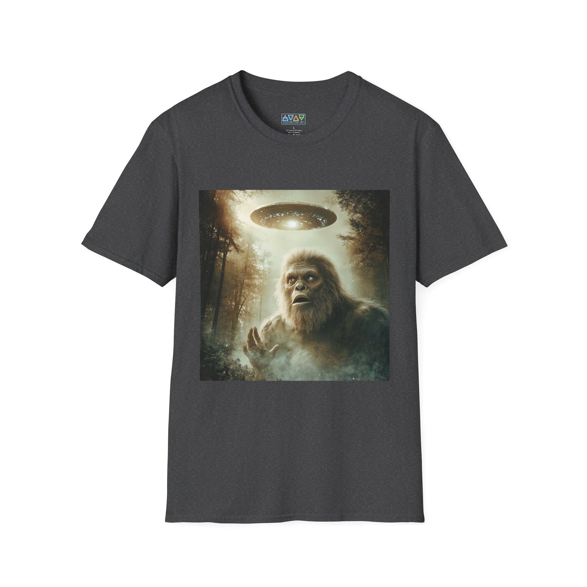 Bigfoot UFO Unisex Softstyle T-Shirt, Funny Graphic Tee, Sasquatch Clothing, Alien Lover Gift, Outdoor Adventure Tee, Casual Wear