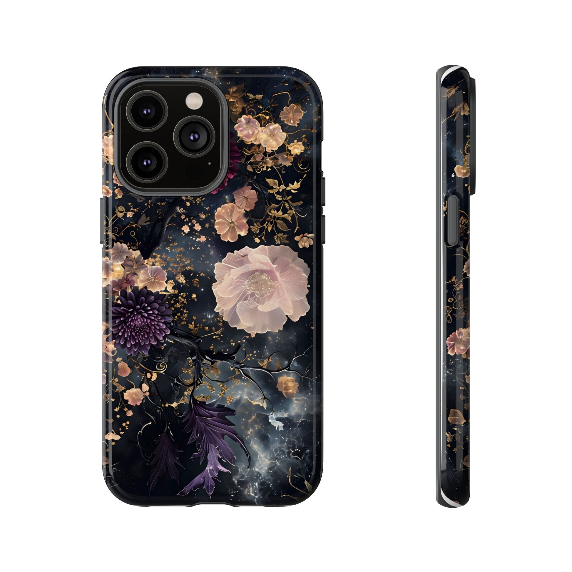 Phone Case, Whimsical Floral Pattern Against Cosmic Nebulous Background. Galaxy, Space, Tough Protective Cover, Unique Gift, Trendy