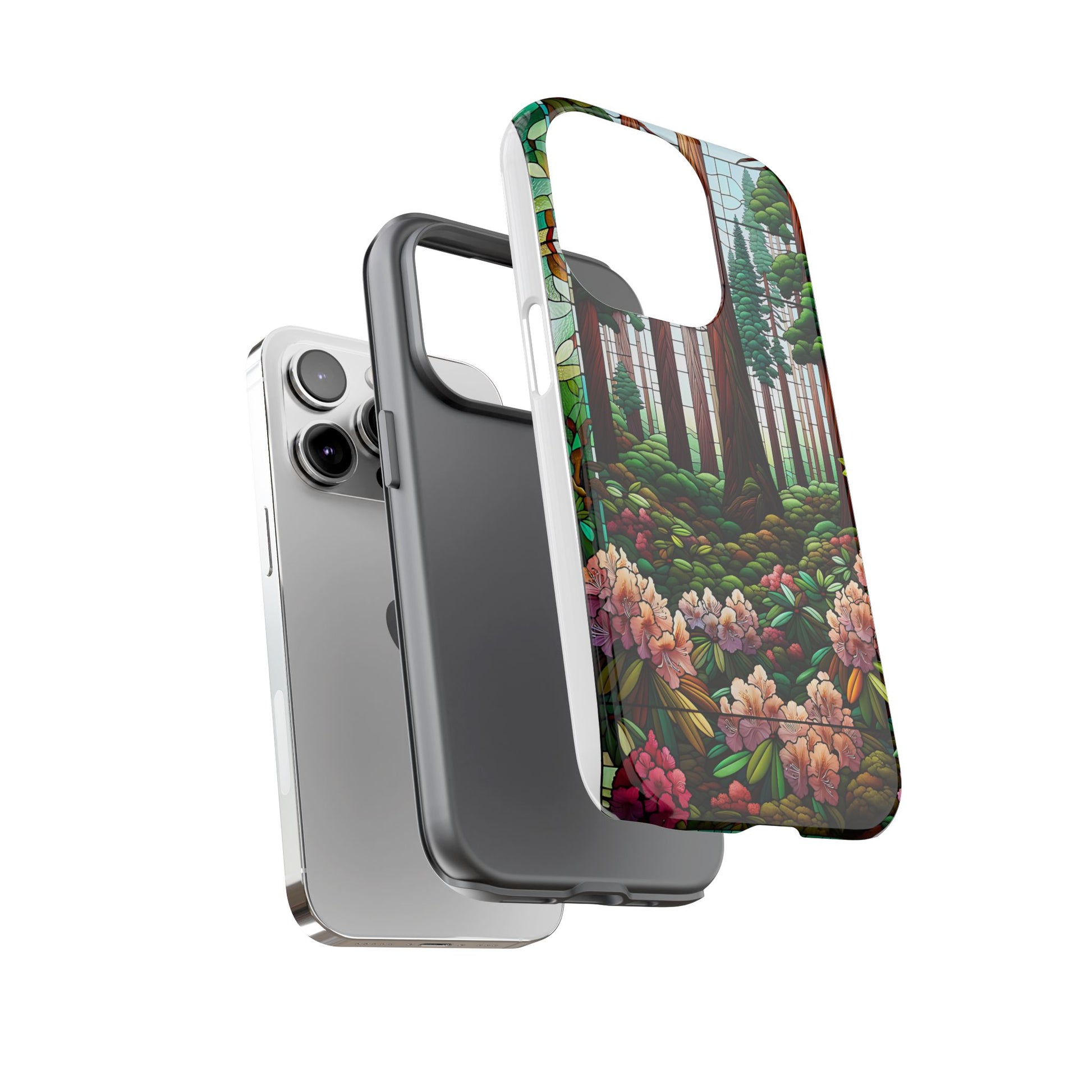 Nature Inspired Tough Cases - Redwood Trees & Rhododendrons Stained Glass iPhone Cover, Protective Phone Shell, Unique Samsung Galaxy Case,