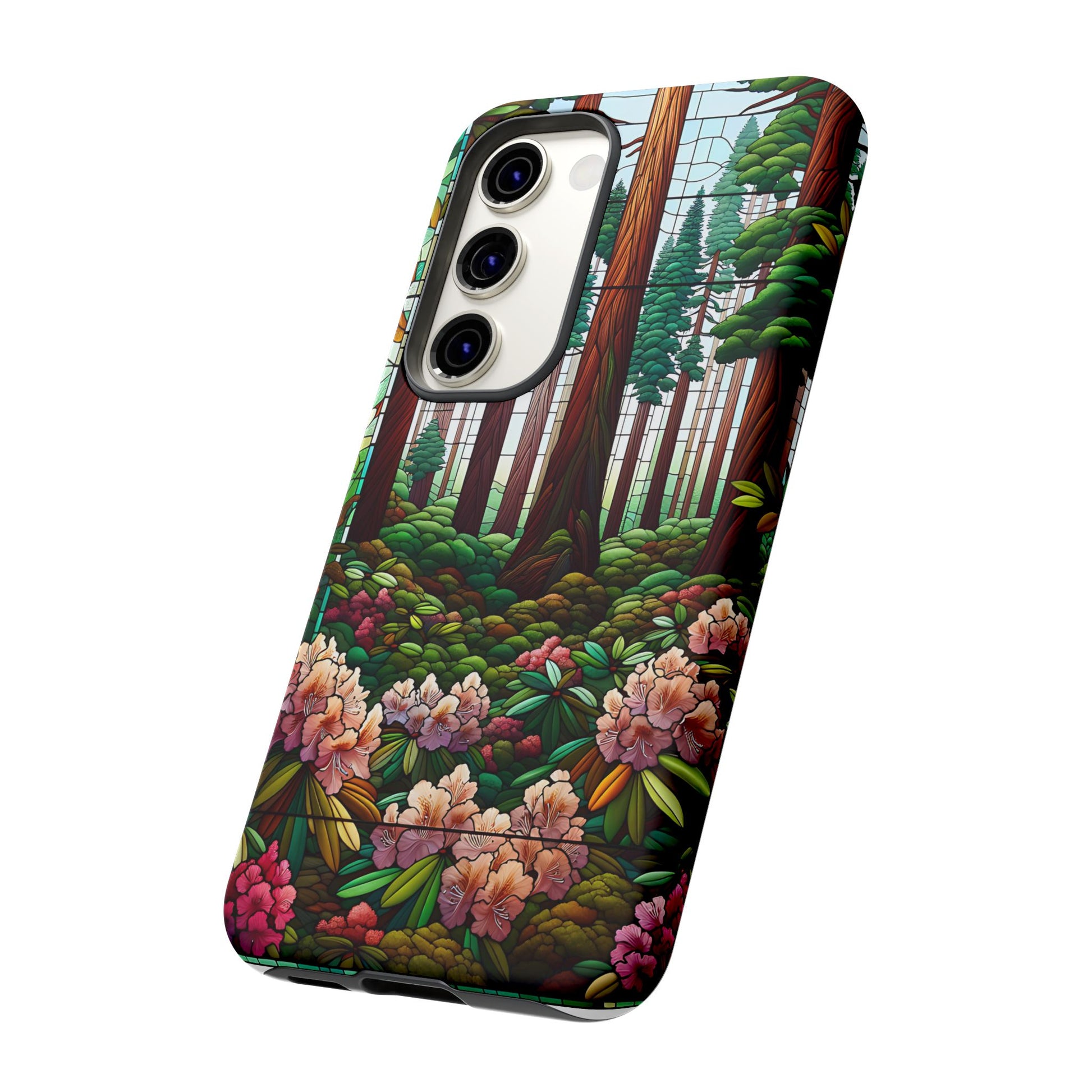 Nature Inspired Tough Cases - Redwood Trees & Rhododendrons Stained Glass iPhone Cover, Protective Phone Shell, Unique Samsung Galaxy Case,