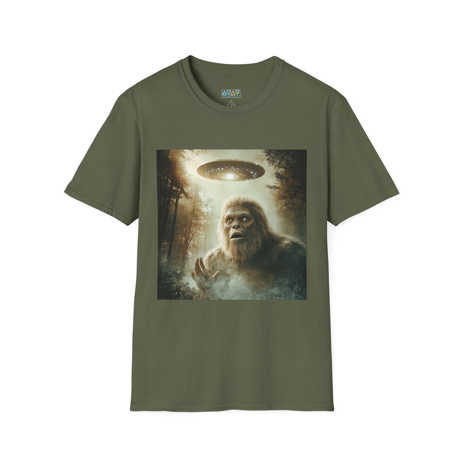 Bigfoot UFO Unisex Softstyle T-Shirt, Funny Graphic Tee, Sasquatch Clothing, Alien Lover Gift, Outdoor Adventure Tee, Casual Wear