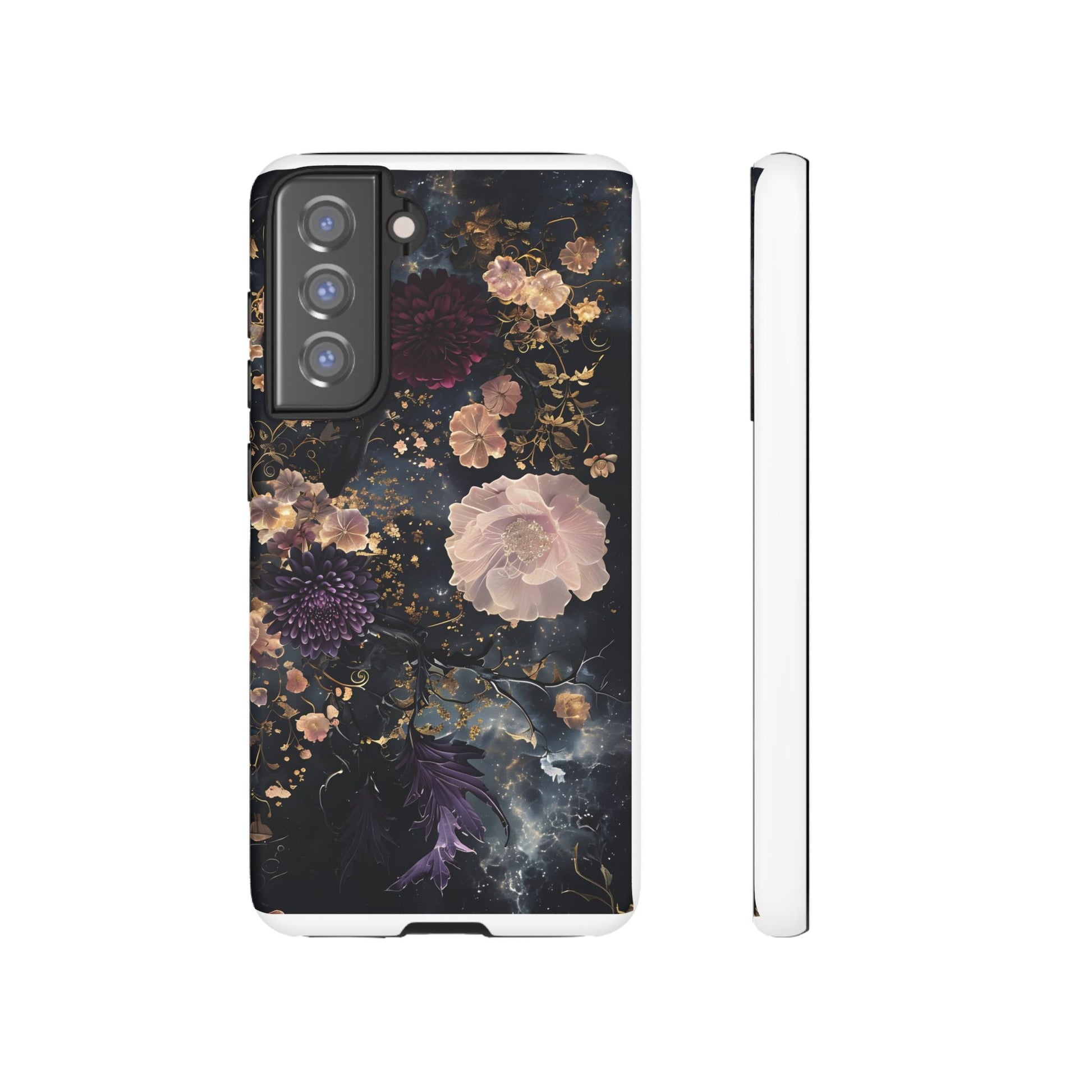 Phone Case, Whimsical Floral Pattern Against Cosmic Nebulous Background. Galaxy, Space, Tough Protective Cover, Unique Gift, Trendy