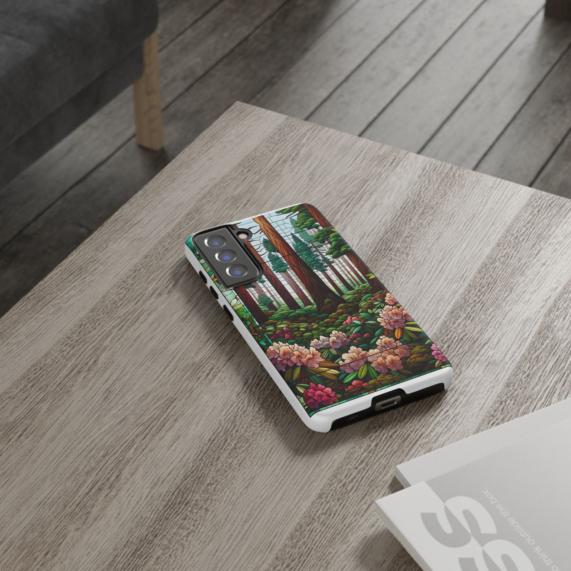 Nature Inspired Tough Cases - Redwood Trees & Rhododendrons Stained Glass iPhone Cover, Protective Phone Shell, Unique Samsung Galaxy Case,
