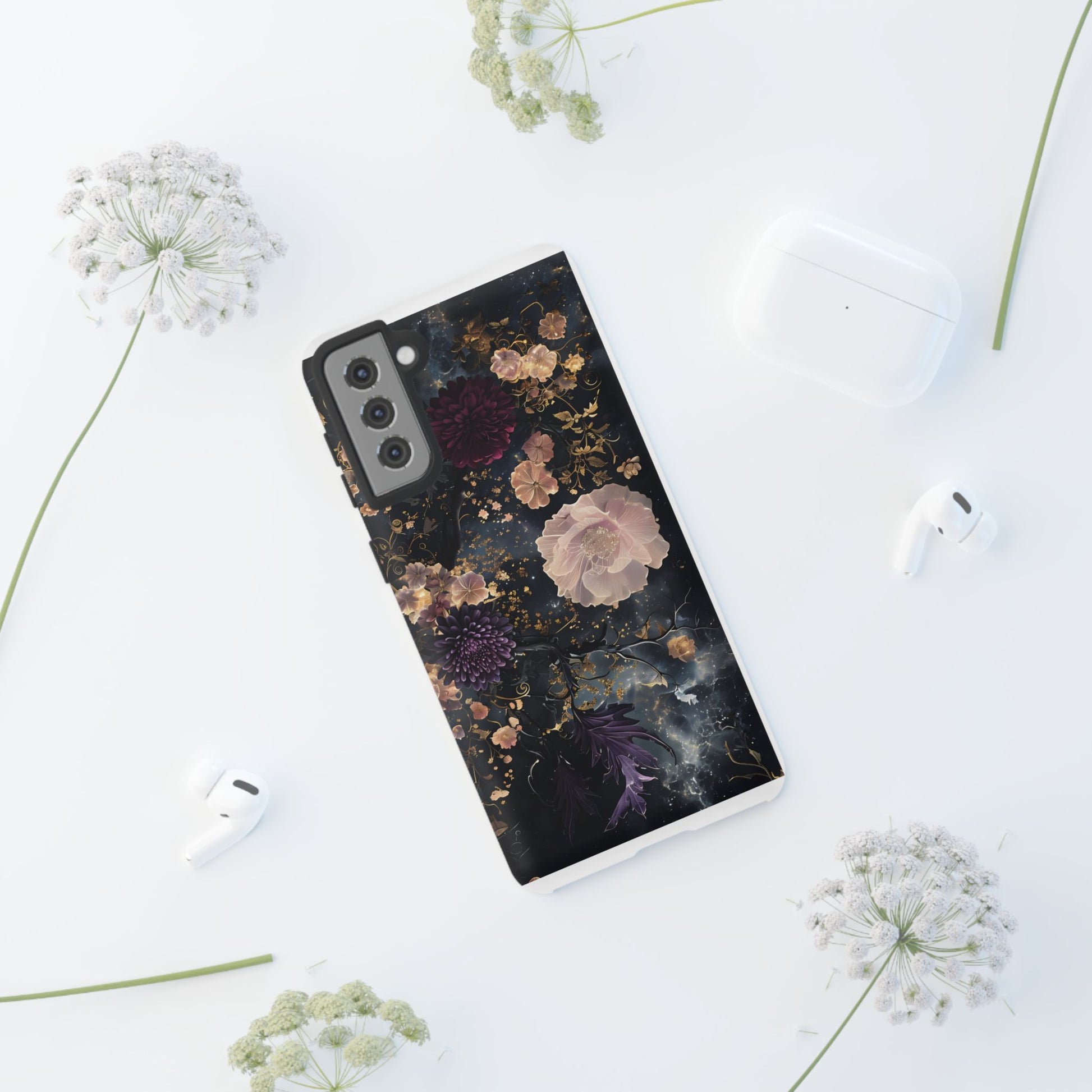 Phone Case, Whimsical Floral Pattern Against Cosmic Nebulous Background. Galaxy, Space, Tough Protective Cover, Unique Gift, Trendy
