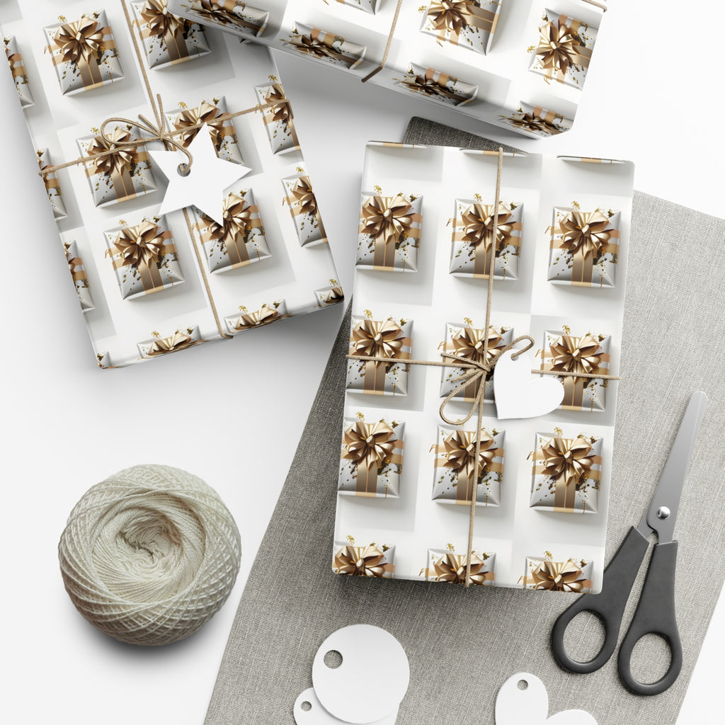 Wrapping Paper, Elegantly Wrapped Gifts On White Background with Gold Bows, Christmas Wrapping, Gift Packaging, Festive Decor, Holiday Gift