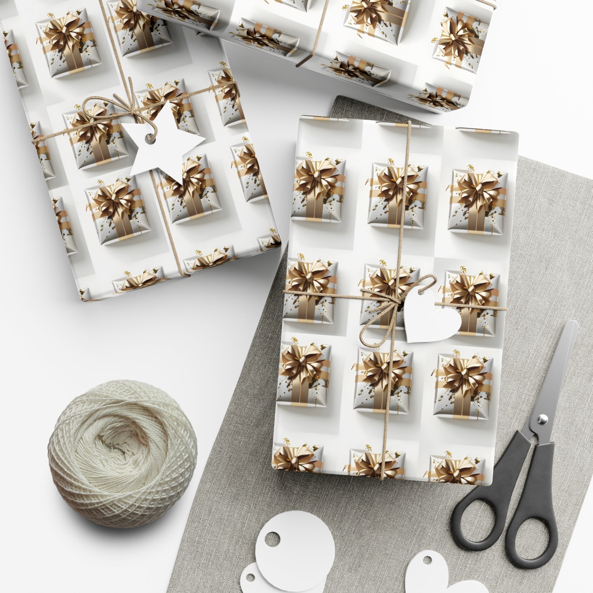 Wrapping Paper, Elegantly Wrapped Gifts On White Background with Gold Bows, Christmas Wrapping, Gift Packaging, Festive Decor, Holiday Gift