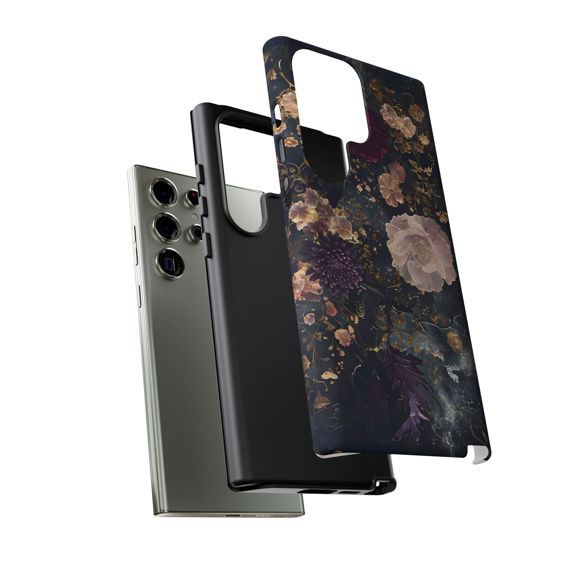Phone Case, Whimsical Floral Pattern Against Cosmic Nebulous Background. Galaxy, Space, Tough Protective Cover, Unique Gift, Trendy