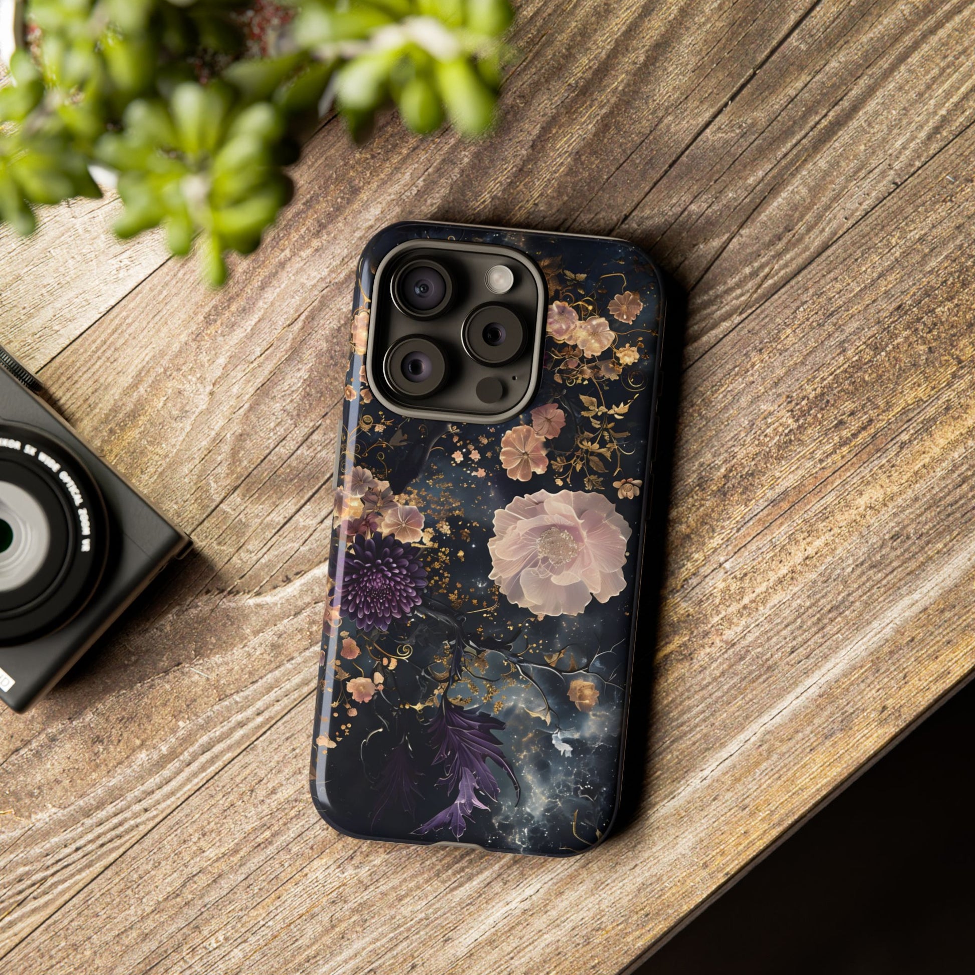 Phone Case, Whimsical Floral Pattern Against Cosmic Nebulous Background. Galaxy, Space, Tough Protective Cover, Unique Gift, Trendy