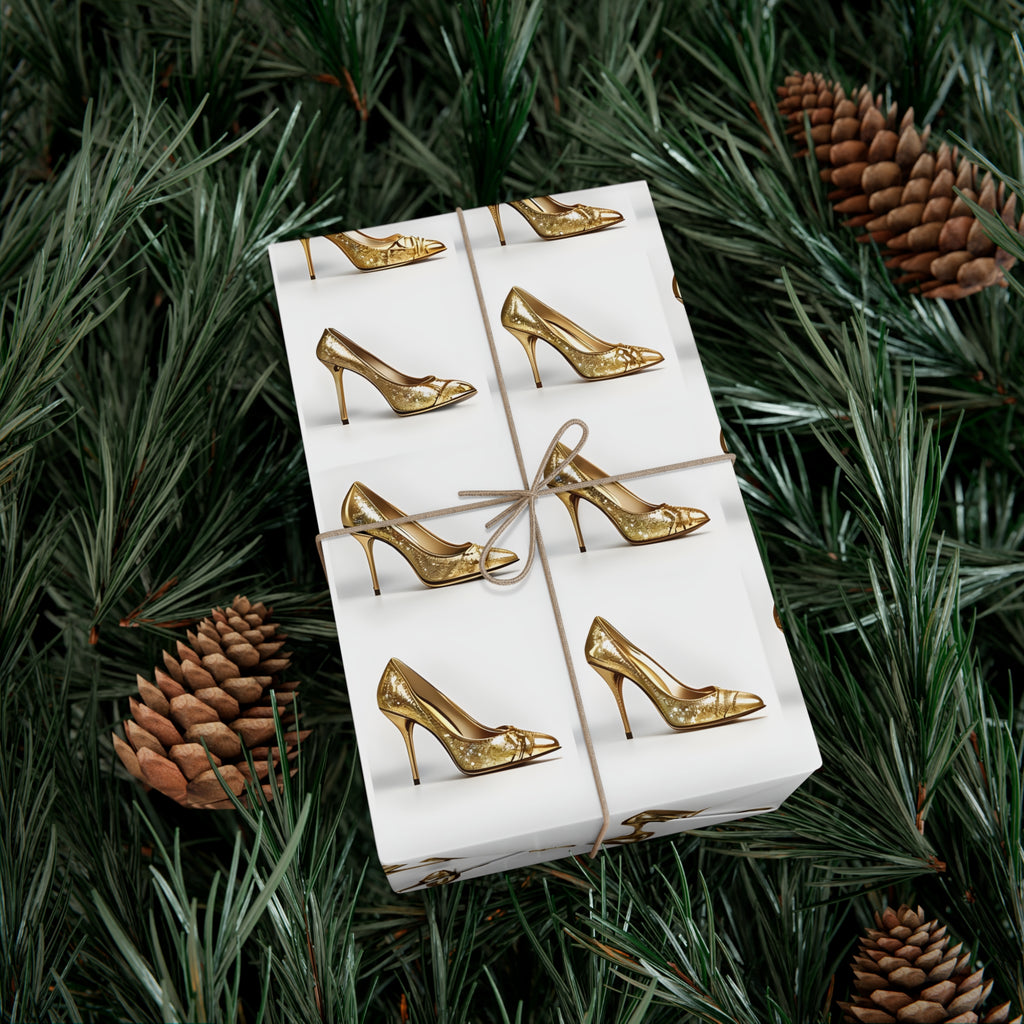Wrapping Paper, Glimmering Gold High Heels On White Background - Gift Wrap Rolls, Eco-Friendly Gift Wrap, Holiday