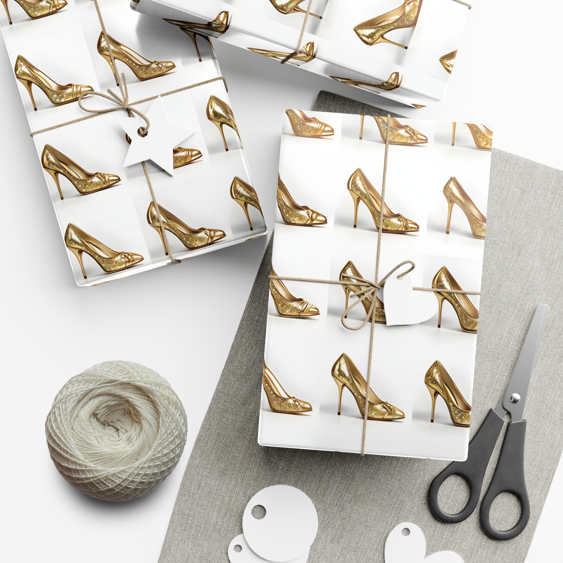 Wrapping Paper, Glimmering Gold High Heels On White Background - Gift Wrap Rolls, Eco-Friendly Gift Wrap, Holiday