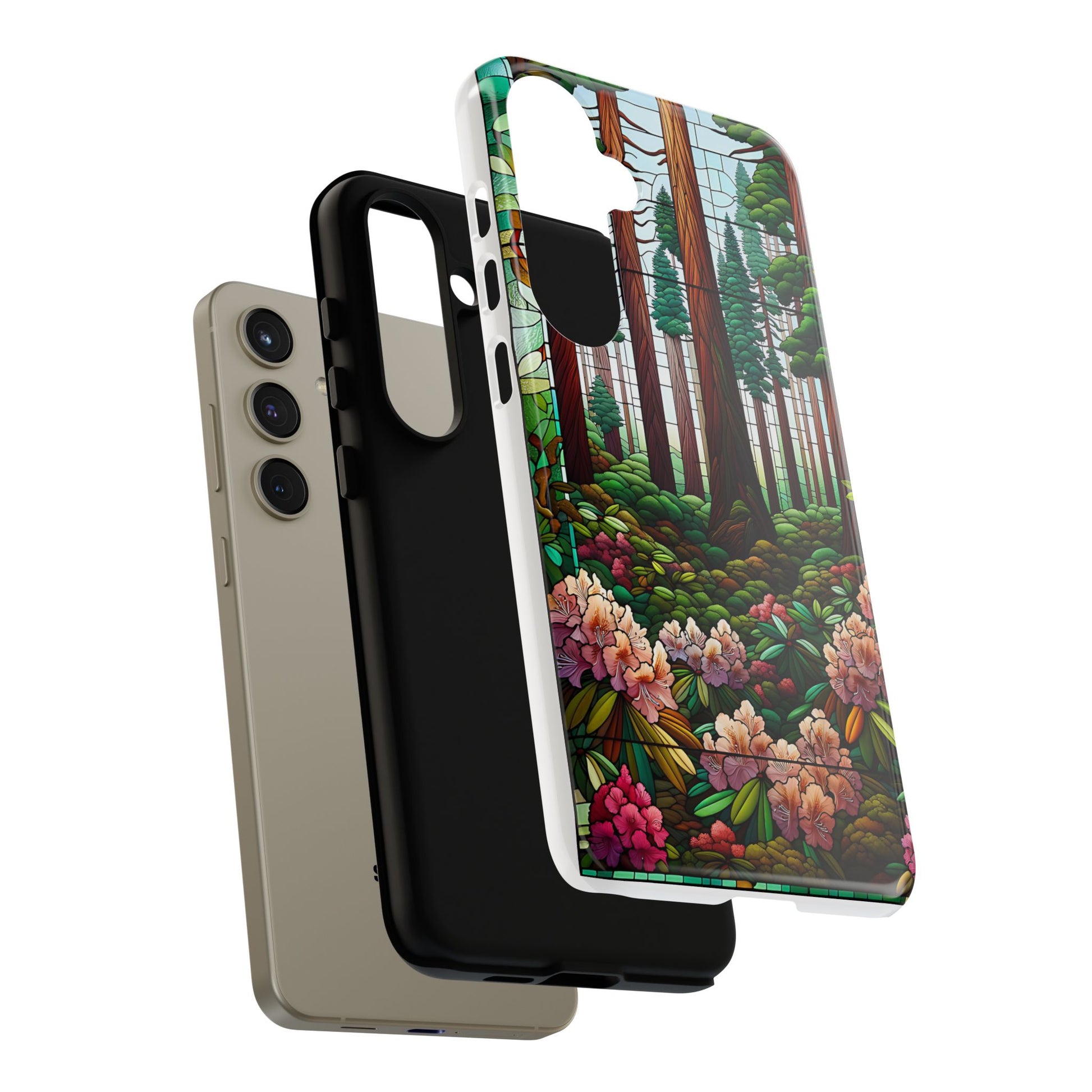 Nature Inspired Tough Cases - Redwood Trees & Rhododendrons Stained Glass iPhone Cover, Protective Phone Shell, Unique Samsung Galaxy Case,