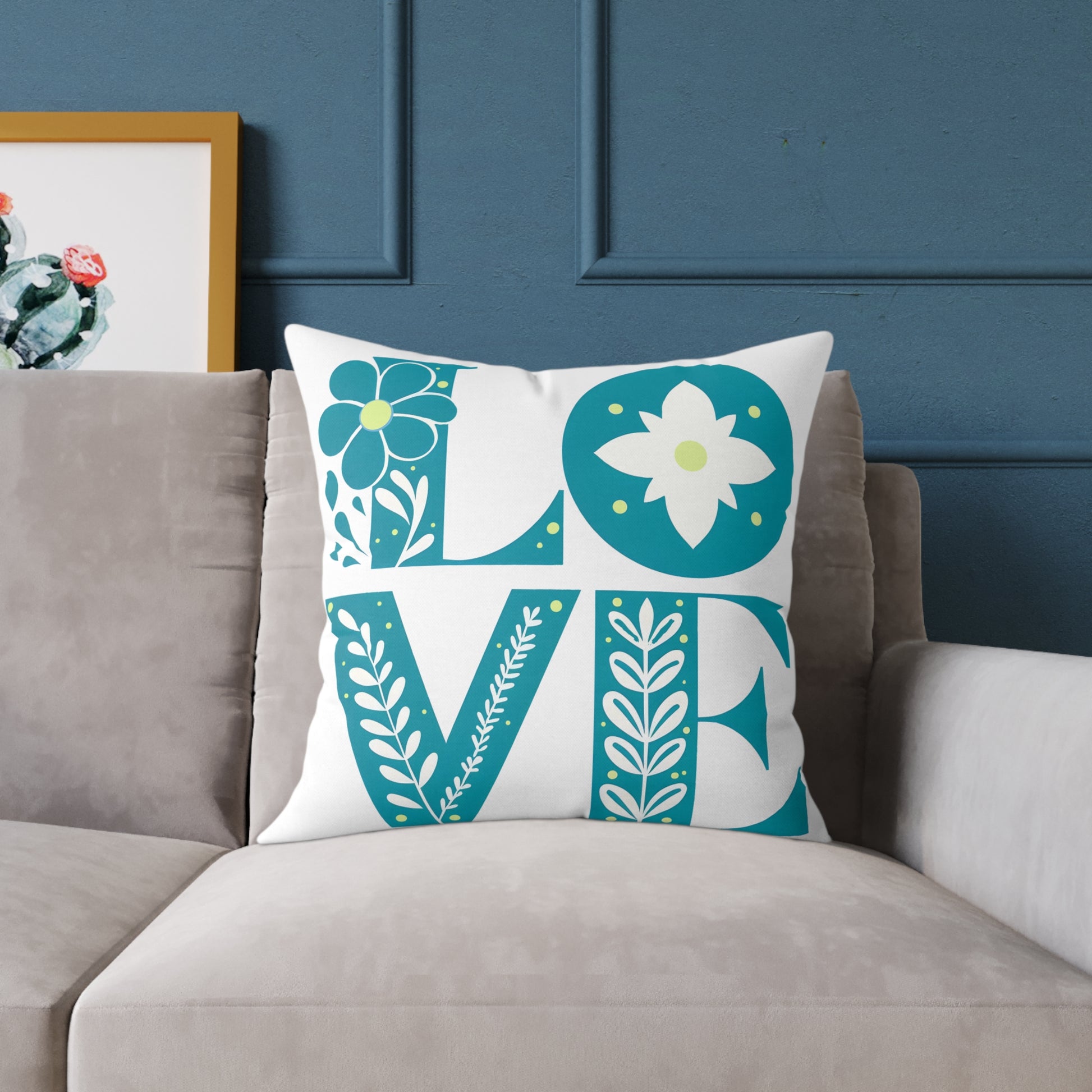Pillow, Bold 3D Love Typography Surrounded By Nature, Square Poly Canvas Pillow, Home Decor, Gift for Her, Modern Cushion Cover, Love Quote