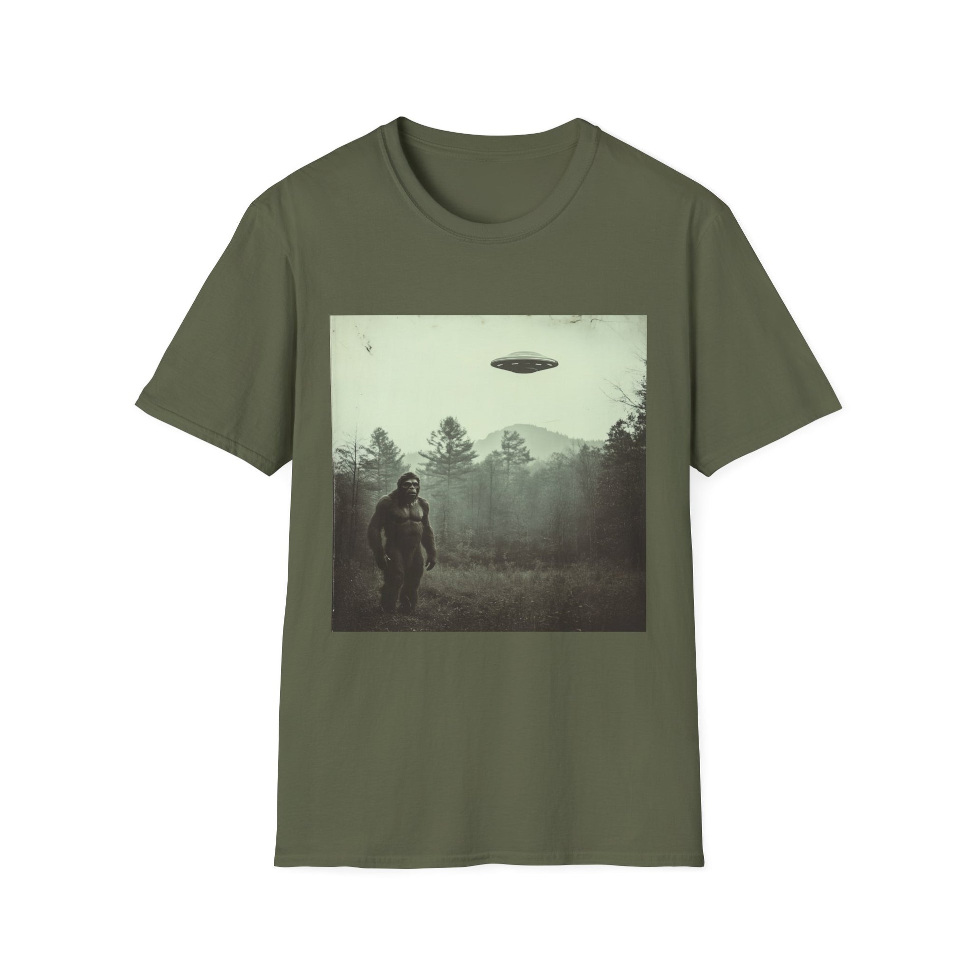 Bigfoot & UFO Unisex T-Shirt, Sasquatch Alien Tee, Cryptid Spaceship Shirt, Extraterrestrial Fantasy Clothing, Funny Yeti Top