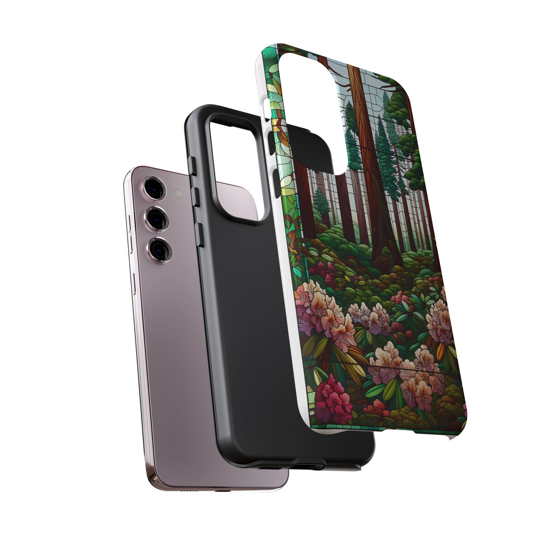 Nature Inspired Tough Cases - Redwood Trees & Rhododendrons Stained Glass iPhone Cover, Protective Phone Shell, Unique Samsung Galaxy Case,