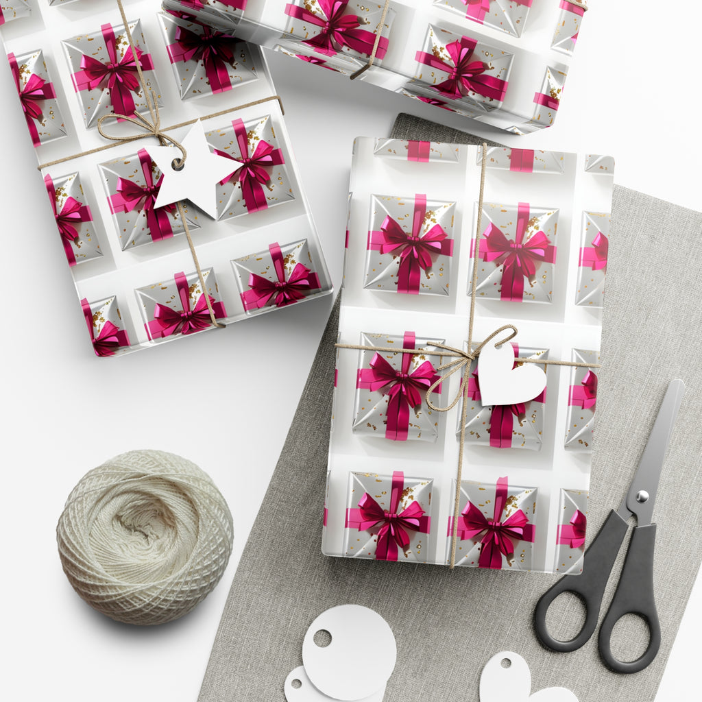Wrapping Paper, Elegantly Wrapped Gifts On White Background with Hot Pink Bows - Gift Wrap Rolls, Eco-Friendly Gift Wrap, Holiday