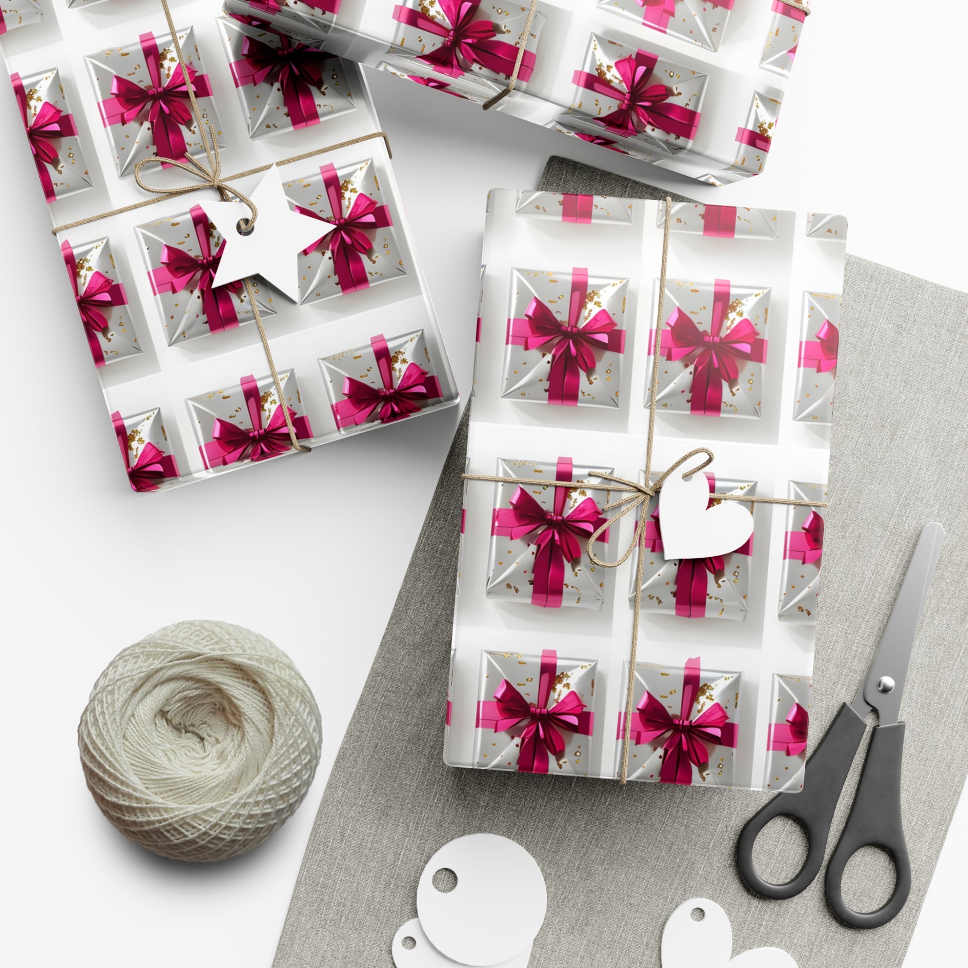 Wrapping Paper, Elegantly Wrapped Gifts On White Background with Hot Pink Bows - Gift Wrap Rolls, Eco-Friendly Gift Wrap, Holiday