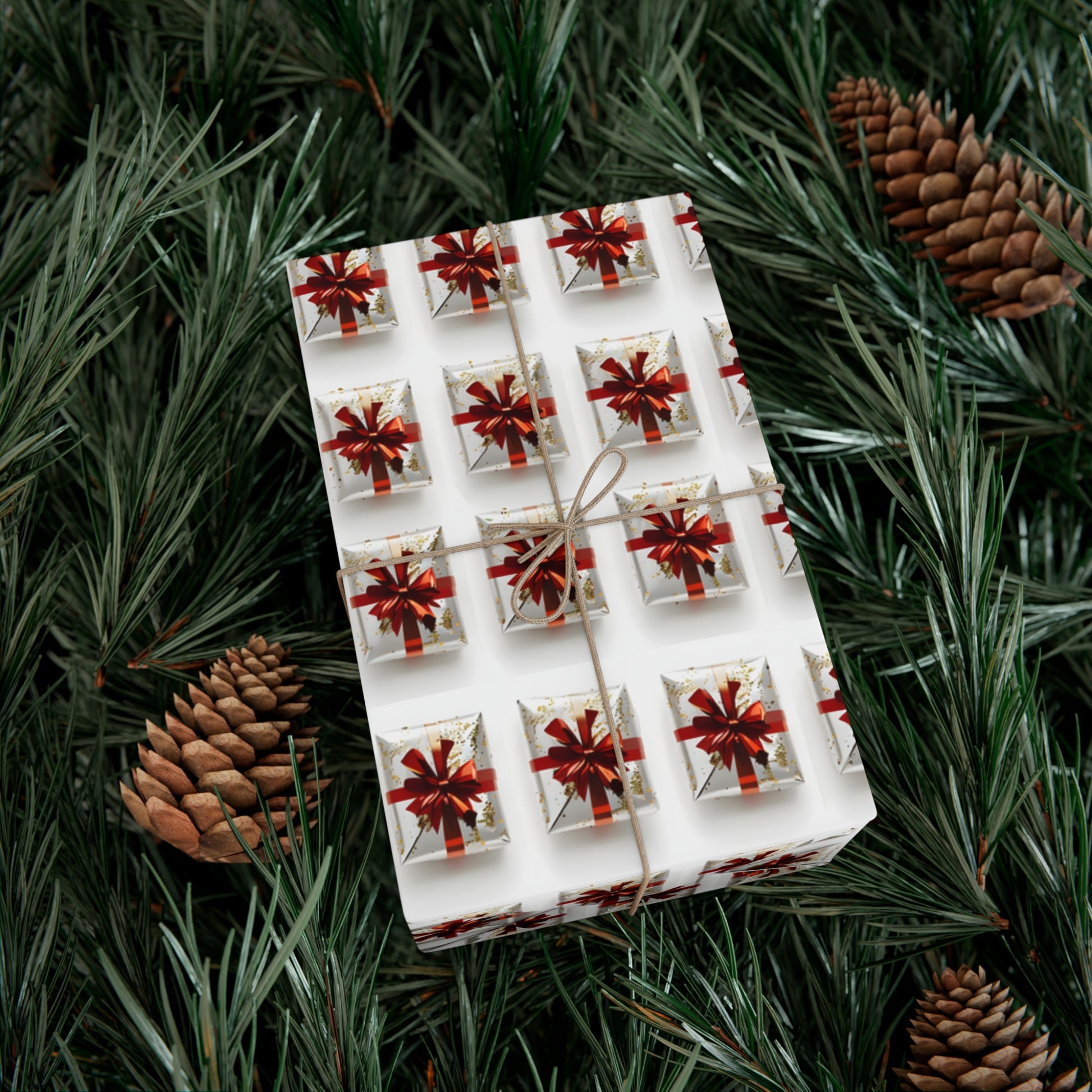 Wrapping Paper, Elegantly Wrapped Gifts On White Background with Red Bows - Gift Wrap Rolls, Eco-Friendly Gift Wrap, Holiday Season Wrapping