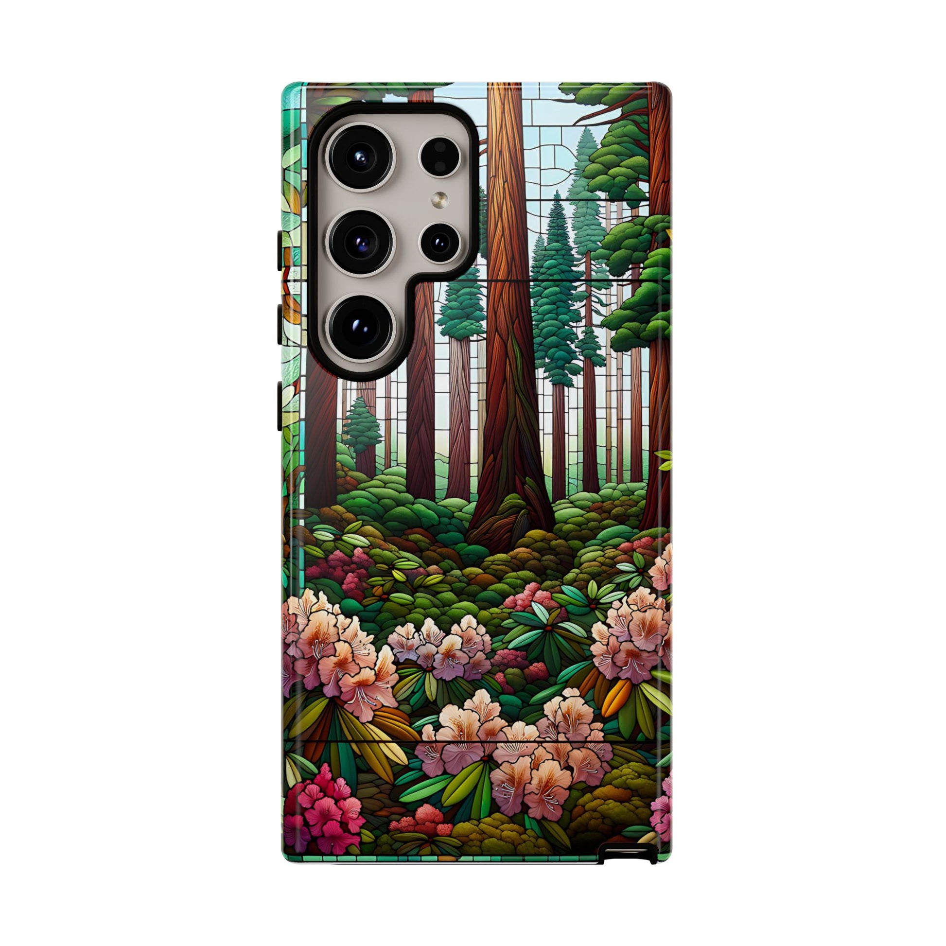 Nature Inspired Tough Cases - Redwood Trees & Rhododendrons Stained Glass iPhone Cover, Protective Phone Shell, Unique Samsung Galaxy Case,